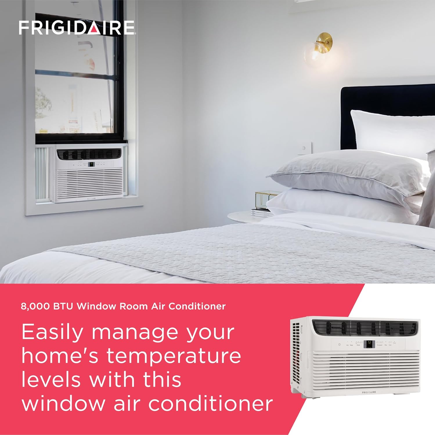 Frigidaire 8,000 BTU Window Air Conditioner with Remote Control, Cools Up to 350 Sq. Ft., Quiet Operation, Eco Mode, 3 Fan Speeds, Auto Restart, White