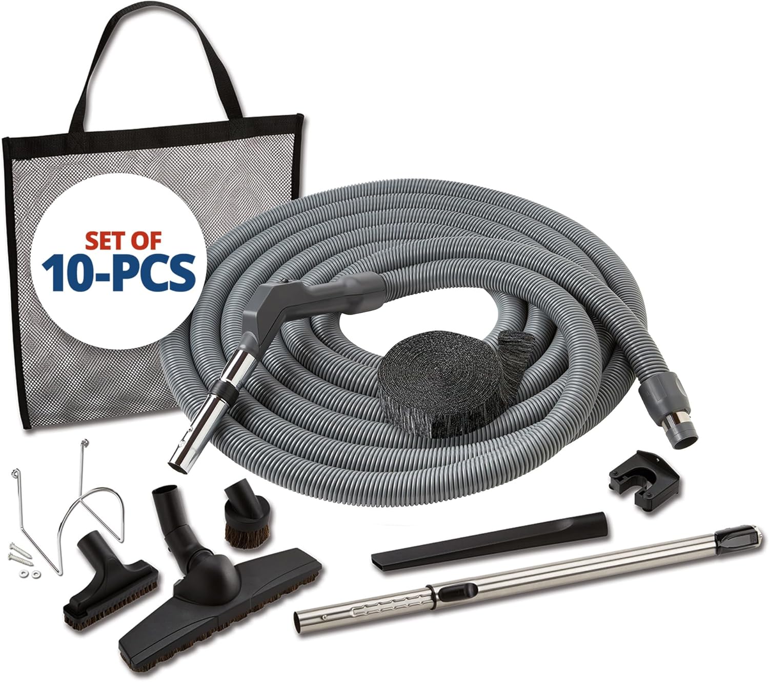 Central Vac System Bare Floor Attachment Set for Cleaning Hardwood Floors Furniture & Draperies - Includes 30FT Crushproof Hose, Dusting Brush, Upholstery & Crevice Tool, Wand, Mesh Storage Bag & More
