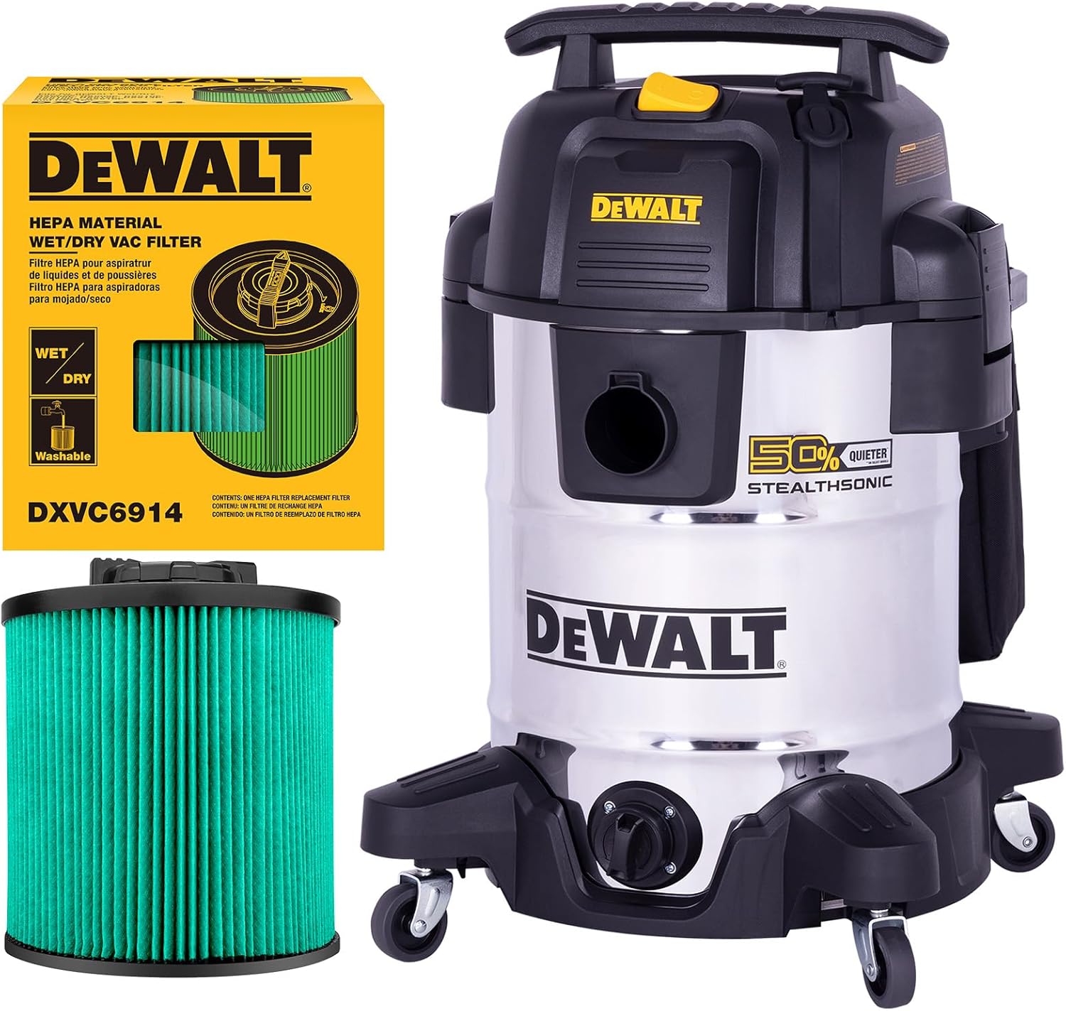 DEWALT 10 Gallon STEALTHSONIC Wet and Dry Shop Vacuum,with DXVC6914 HEPA Cartridge Filter