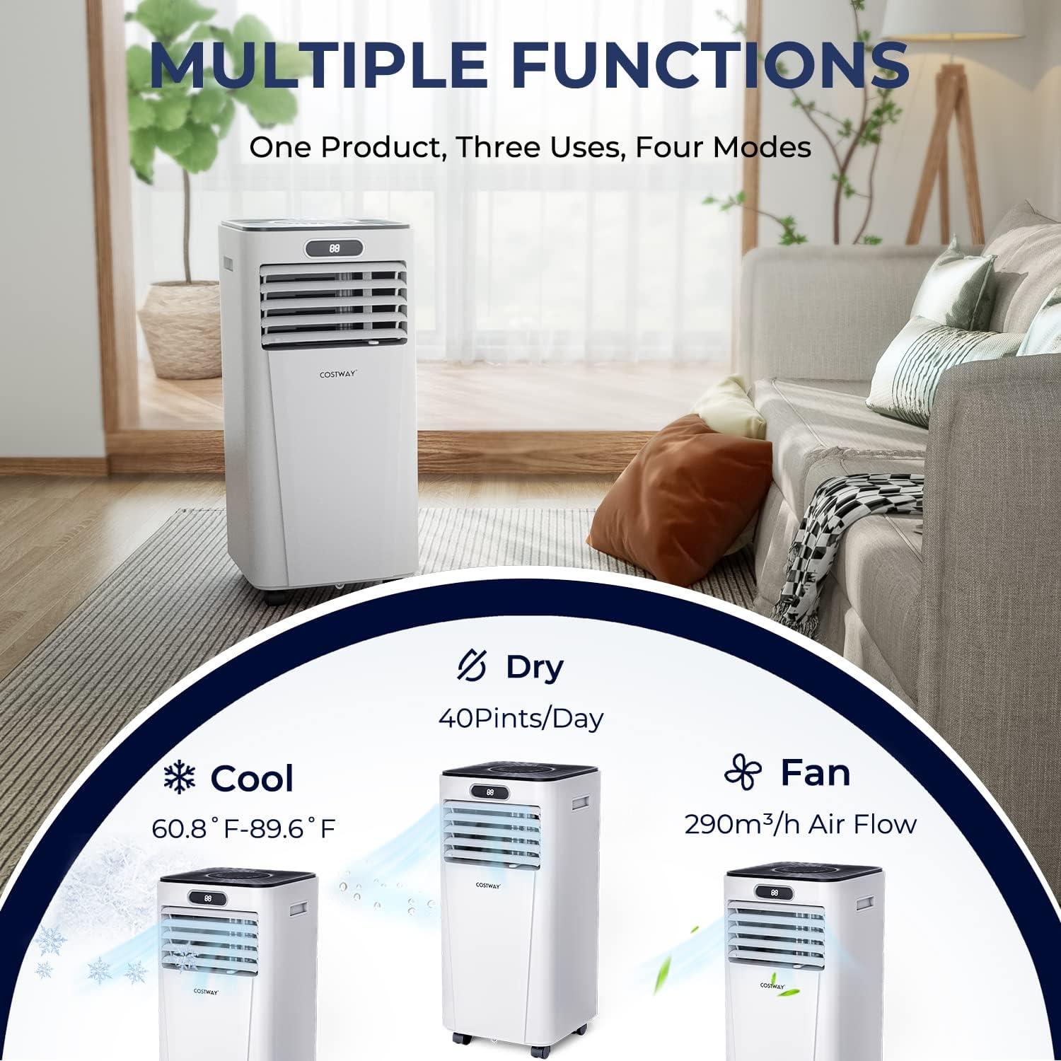 COSTWAY Portable Air Conditioner, 8000BTU AC Unit with Drying, Fan, Sleep Mode, 24H Timer, Remote Control, Cools Room up to 230 Sq. ft, for Home & Office Use, Window Kit Included, White(8000BTU)