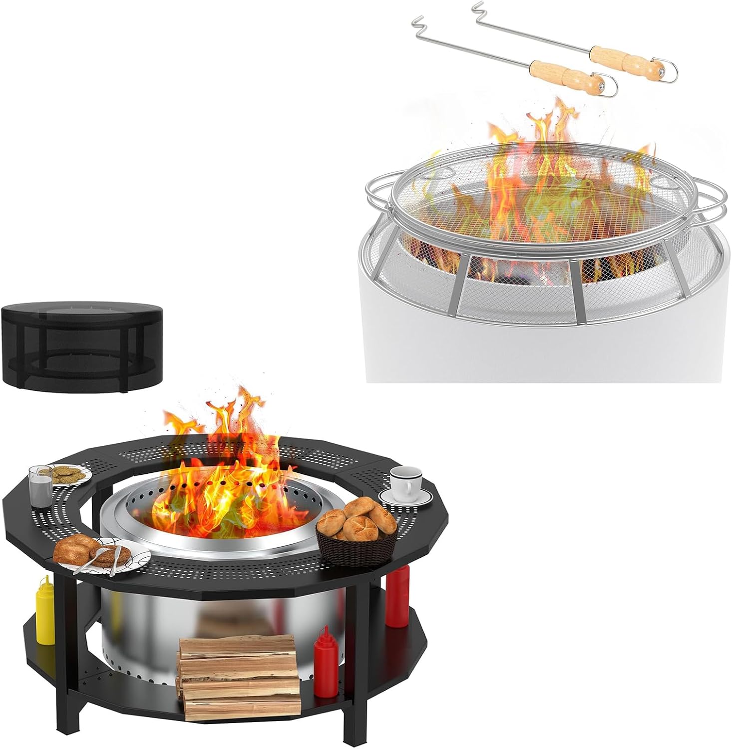 Fire Pit Surround Tabletop and Spark Protector Mesh Screenfor Solo Stove Yukon 27 Inch, Outdoor Smokeless Fire Pit Table for Wood Burning Fire Pits, Powder-Coated Steel Stove Table Surround with Cover