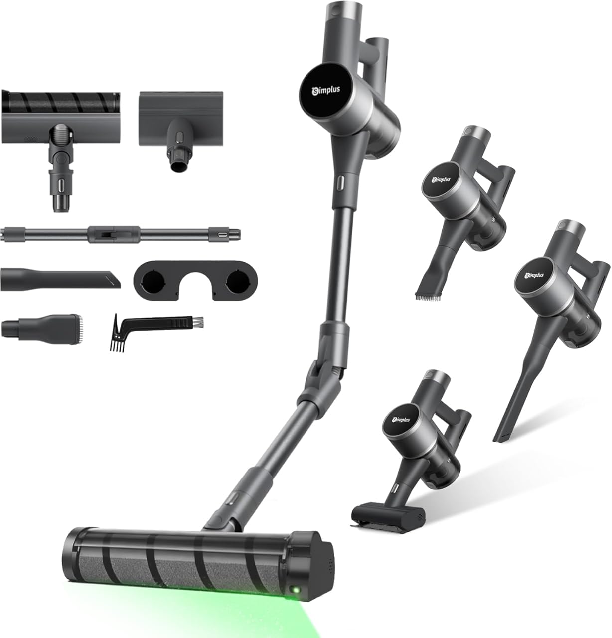 SIMPLUS Cordless Vacuum Cleaner, Bendable Stick Vacuum, Lightweight with 50mins Runtime, Anti-Tangle Brush, LED Display & Headlight, Rechargeable for Tile, Pet Hair & Hard Floors (Grey)