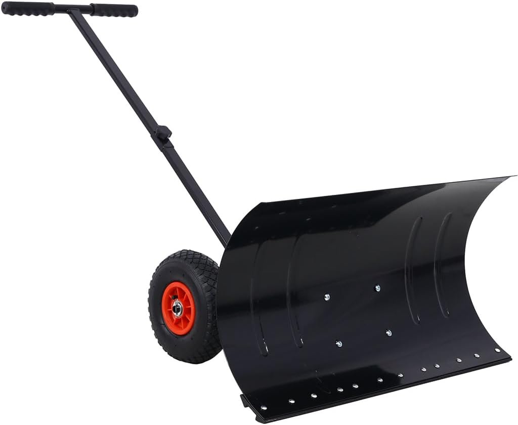 Snow Shovel with Wheels for Driveway, Heavy Duty Wheeled Snow Pusher with Adjustable Angled Blade & Ergonomic Handle, 29