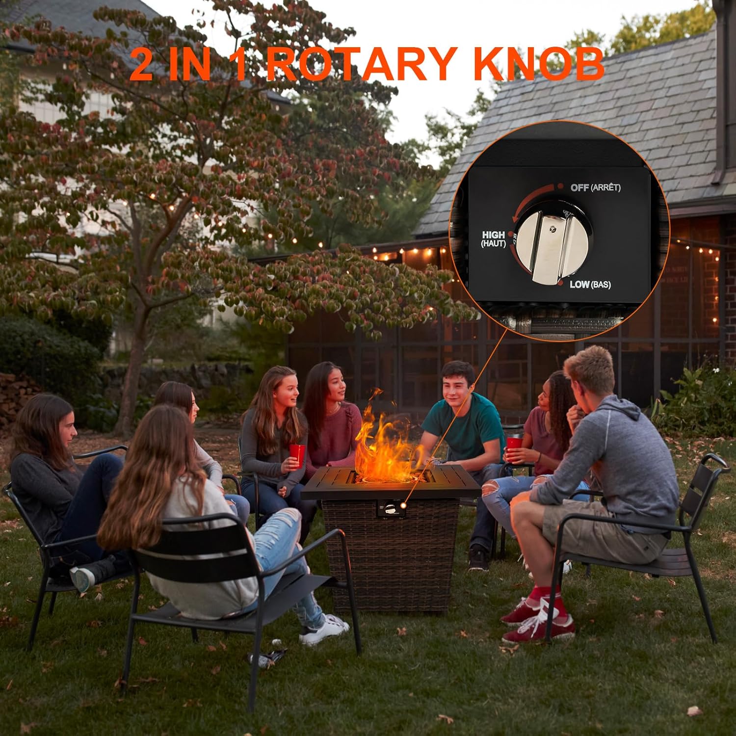 28inch Wicker Square Fire Pit Table, 40,000 BTU Outdoor Wicker Patio Propane Firepit Steel Tabletop, Brown