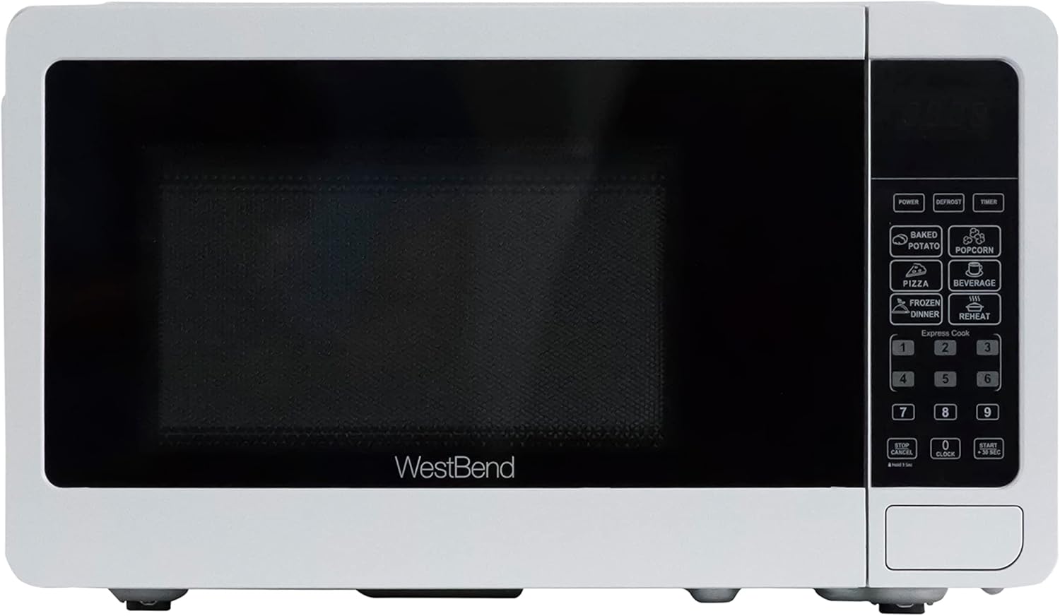 West Bend 0.7 Cu. Ft. Countertop Microwave Oven, 700W with 6 Pre-Programmed Cooking Settings, Speed Defrost, Electronic Control Panel, Rotating Glass Turntable, Add 30 Seconds Button, White
