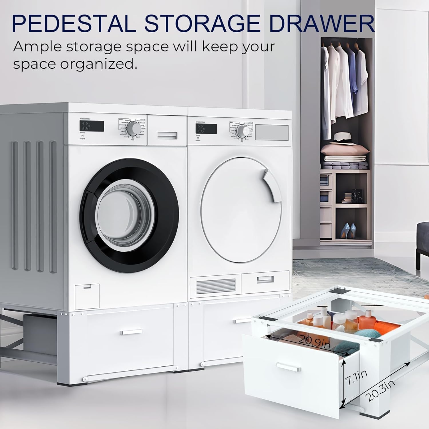 2 Pack Laundry Pedestals with Drawer, 29'' x 29'' x14.3'', Heavy-Duty Steel, Washing Machine Base Stand, Dryer Base Platform, Capable of Supporting 700 lbs, White