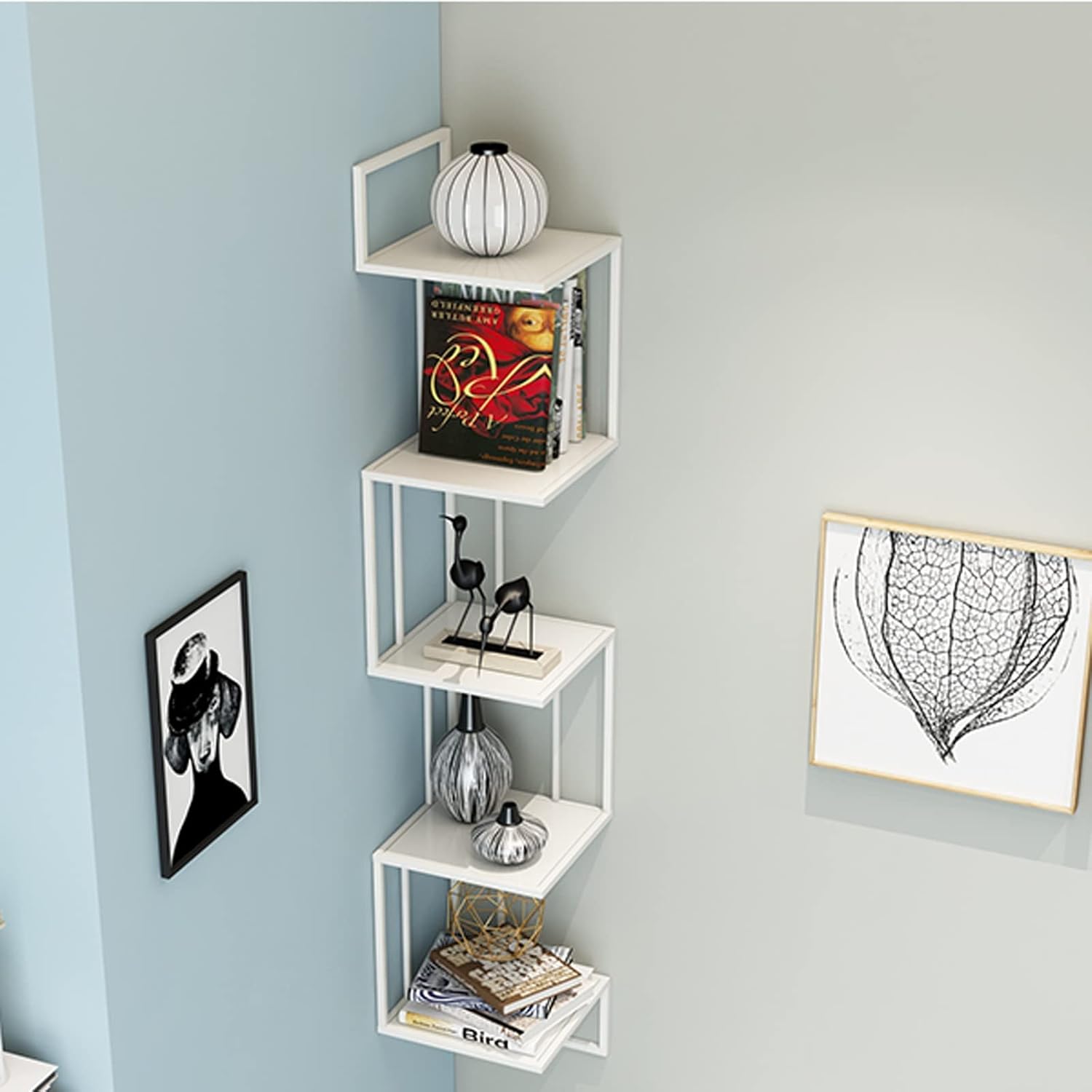 Wall-Mounted Bookshelf Multi-Purpose Corner Metal Bookshelves Household Triangular Shelf 5-Layer Book and Newspaper Storage Rack Open Display Shelves (Gold)