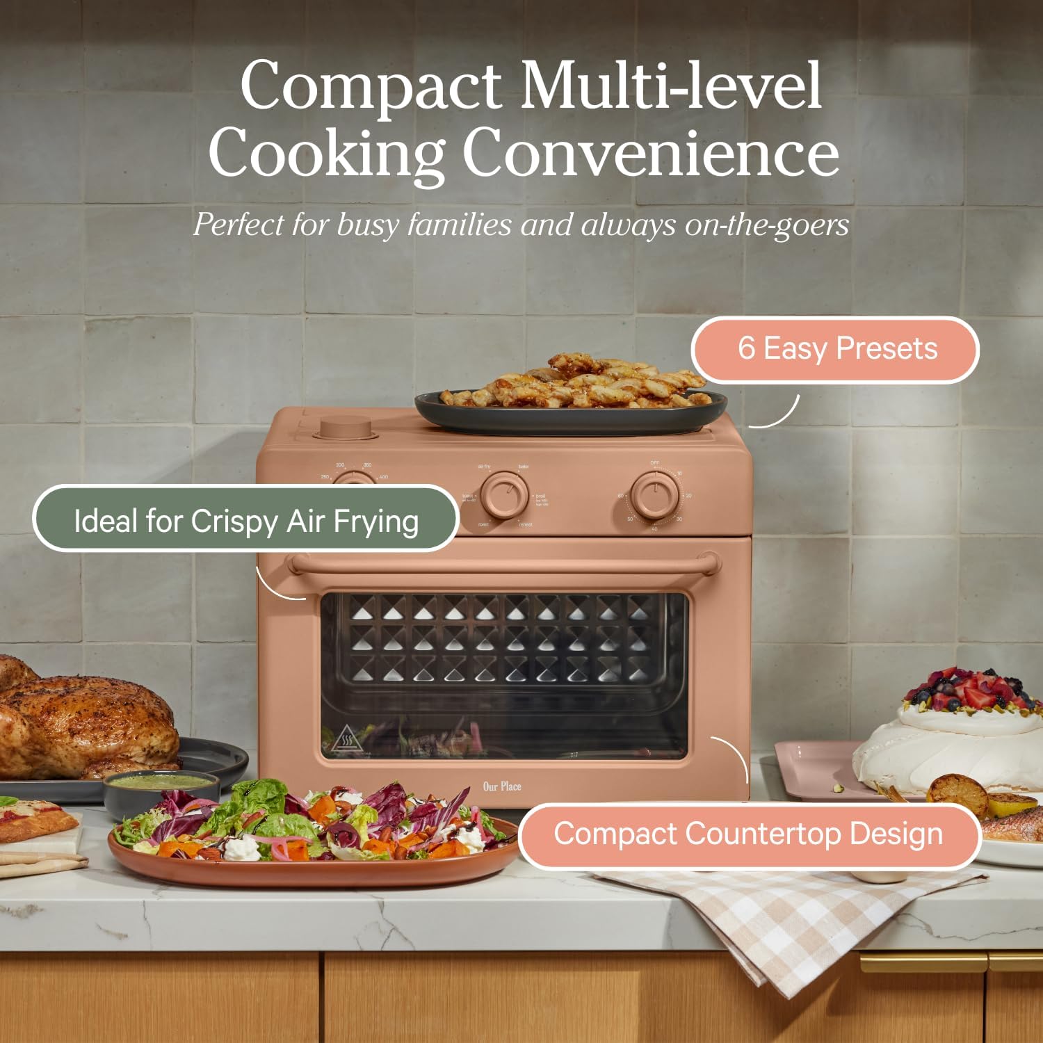 Our Place Large Wonder Oven | 6-in-1 Stainless Steel Air Fryer Toaster Oven Combo with Basket, Rack, Pan & Tray | 3-Rack, 32 QT, Large Capacity - Toast, Roast, Bake, Reheat, Broil & Steam | Spice