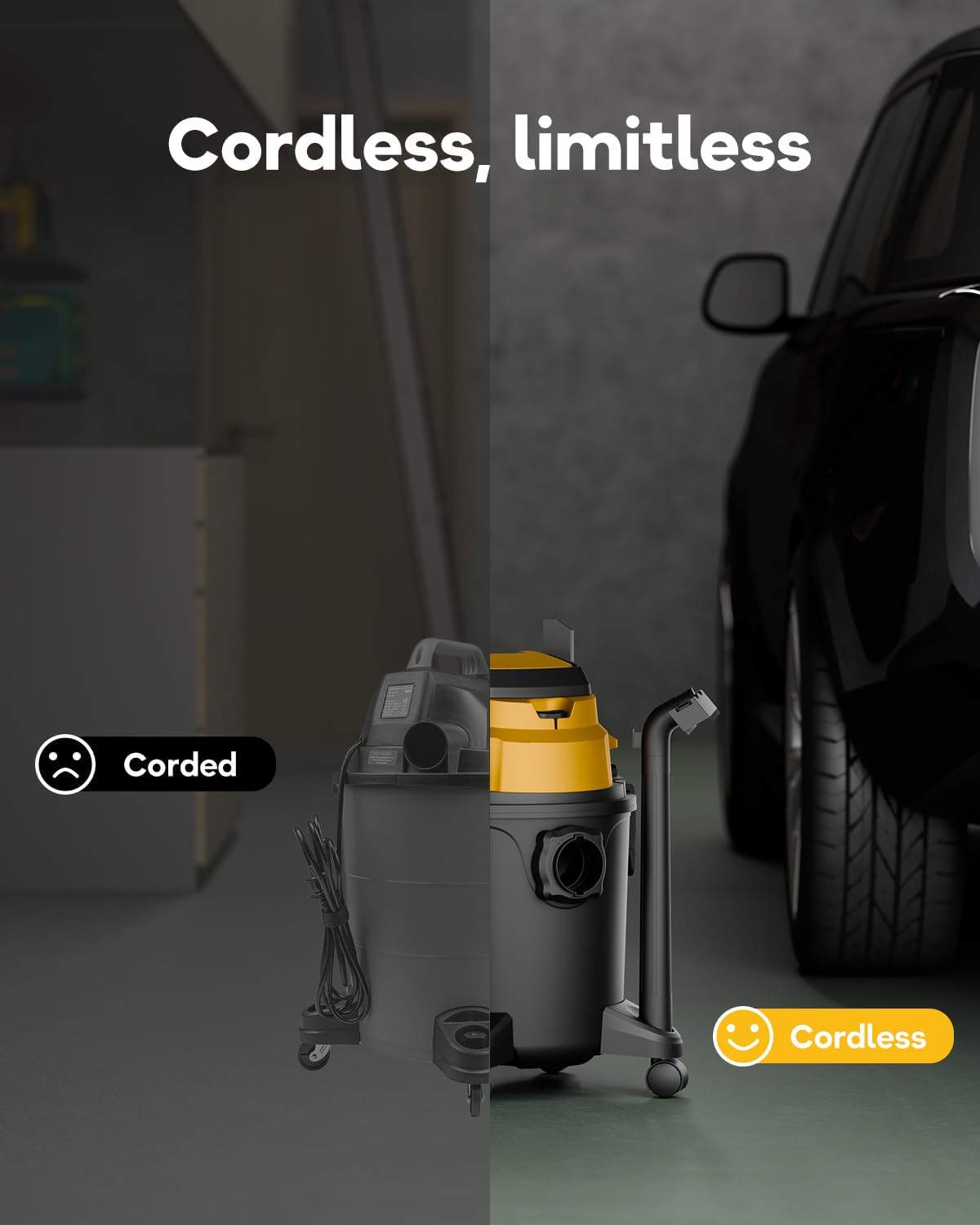 DeForce Cordless Shop Wet Dry Vacuums for DeWalt 20V Max Battery, 5.2-Gallon Portable Shop Vac, 17000Pa with Hose Nozzles HEPA Filters Wheels for Home Projects & Renovations, Mustard(No Battery)