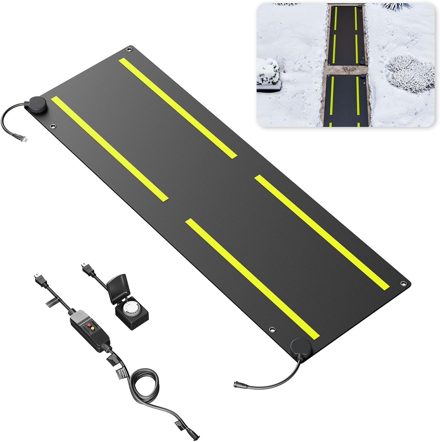 Albott Snow Melting Mats, Non-Slip Rubber Heated Mats Outdoor with Timer, Power Cord, Leakage Protection, Waterproof and Collapsible Heated Snow Mat for Stairs, Walkways, Roof, Garage, 20x60 (1 Pcs)