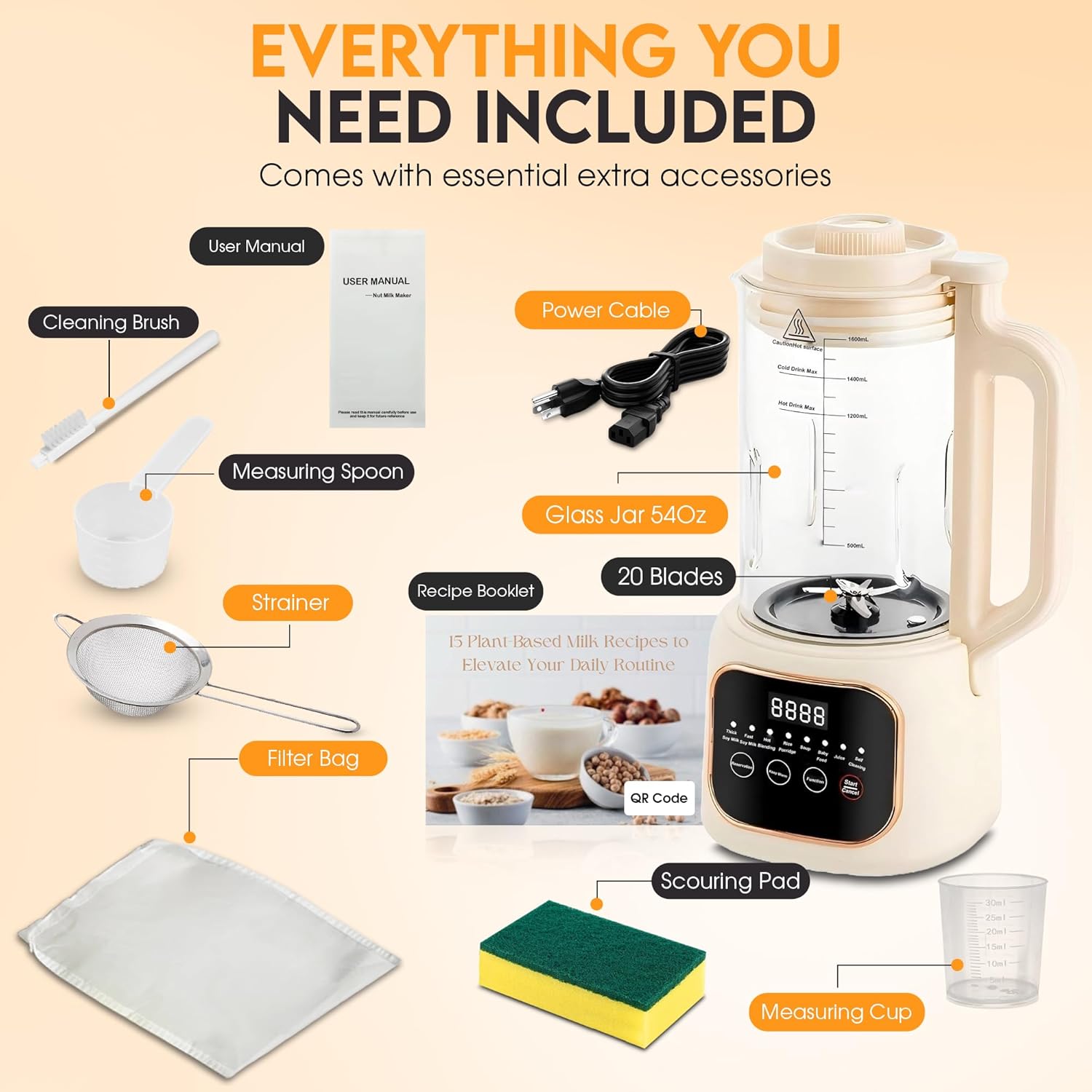 Nut Milk Maker Machine, 54oz, 11-in-1, 7 Extra Accessories, Oat & Soy Milk Maker with 20 Blades, Soybean Milk Maker, Almond Milk Maker, Soymilk Machine Maker, Nutmilk Maker Machine