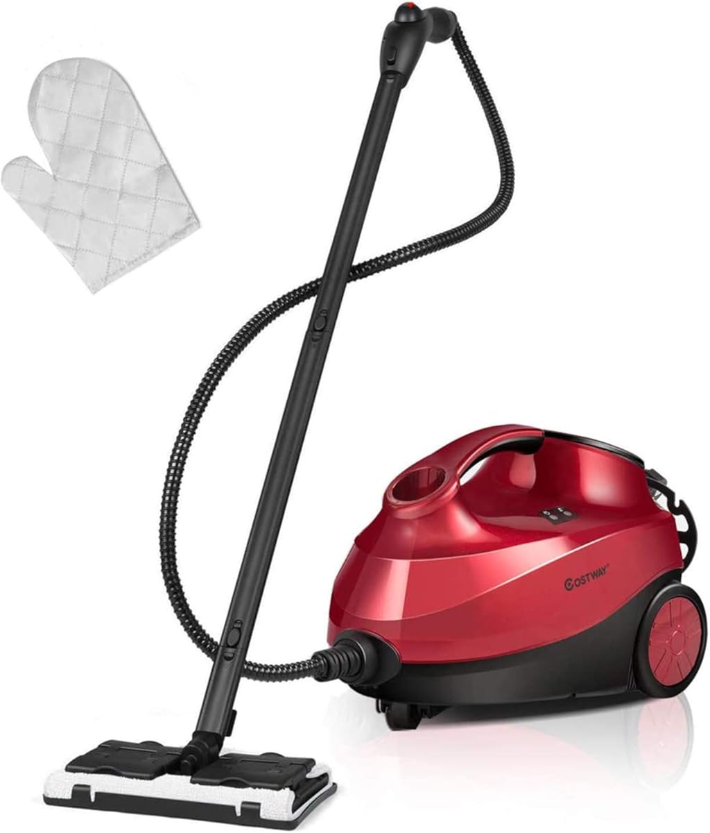 COSTWAY 2000W Multipurpose Steam Cleaner with 19 Accessories, Household Steamer with 1.5L Tank for Cleaning, Heavy Duty Rolling Cleaning Machine for Carpet, Floors, Windows and Cars, Red