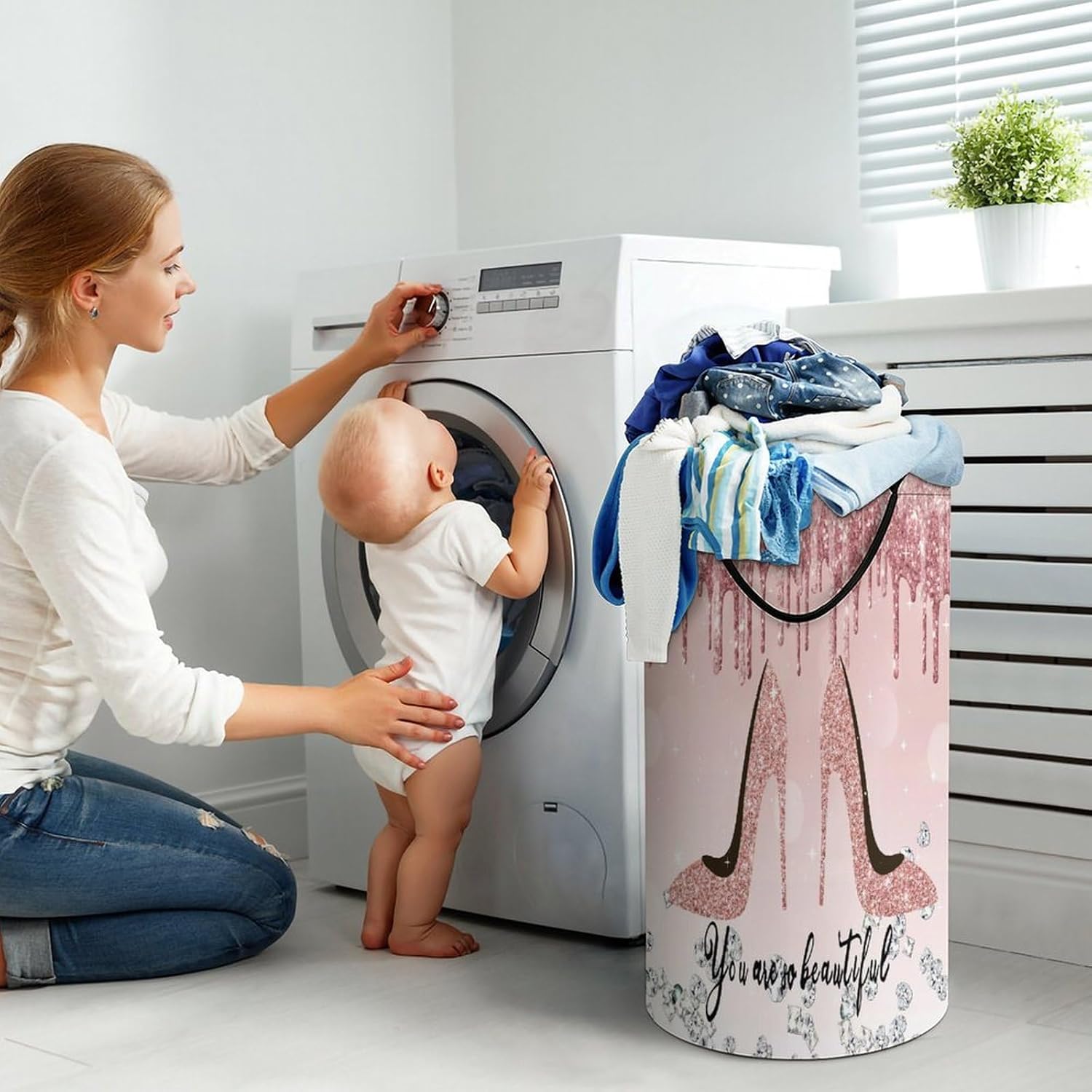 Pink And High Heel Laundry Hamper Dirty Clothes,High Heels Shoe Feminine Glitter Pattern Large Laundry Basket Storage Basket For Bathroom 15.7W