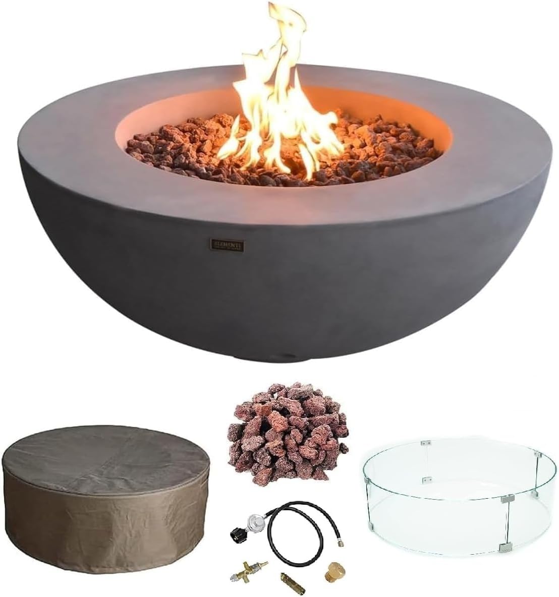 Elementi Lunar Bowl Cast Concrete Fire Table, Outdoor Fire Pit Fire TablePatio Furniture, Light Gray (Liquid Propane Gas)