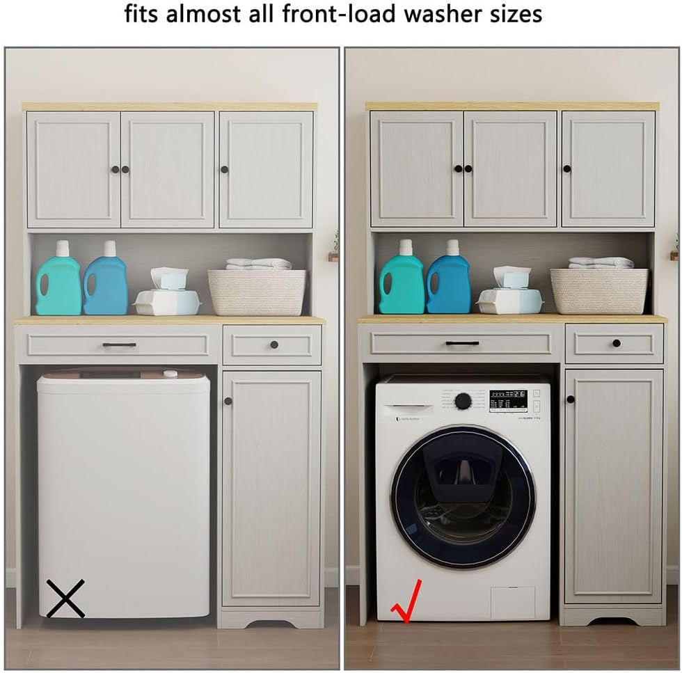 Over The Washer Dryer Storage Cabinet, Laundry Room Space Saver Cabinet with Laundry Basket, Over Washer Organizer with Adjustable Shelves, Drawer & Cabinets, Freestanding Laundry Storage Unit