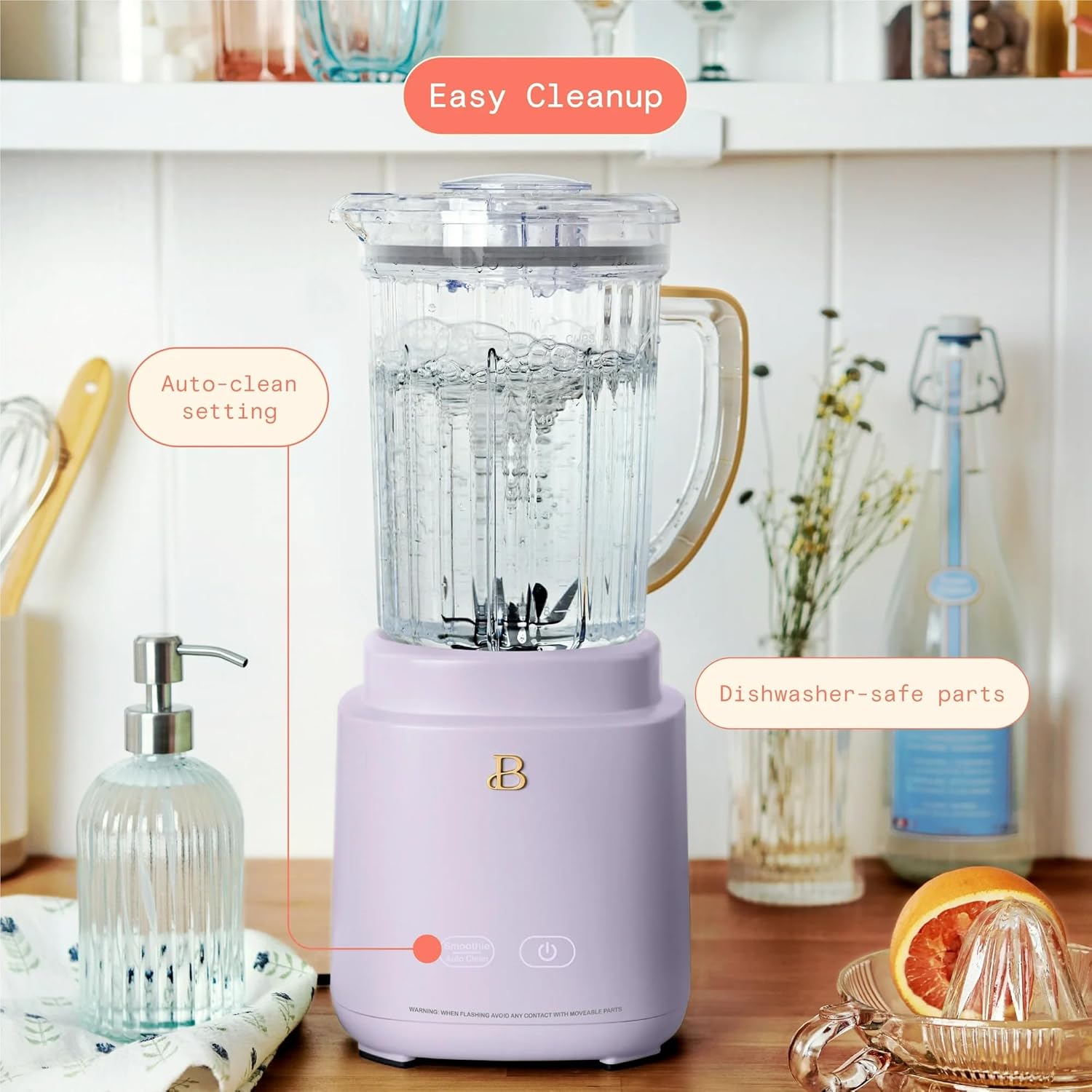 Beautiful PowerExact Blender System with 700W Motor, 50oz Tritan Jar, 20oz Single-Serve Cup, No Drippy Sippy™ Lid, 3 Speeds & 4 Pre-sets by Drew Barrymore (Lavender)