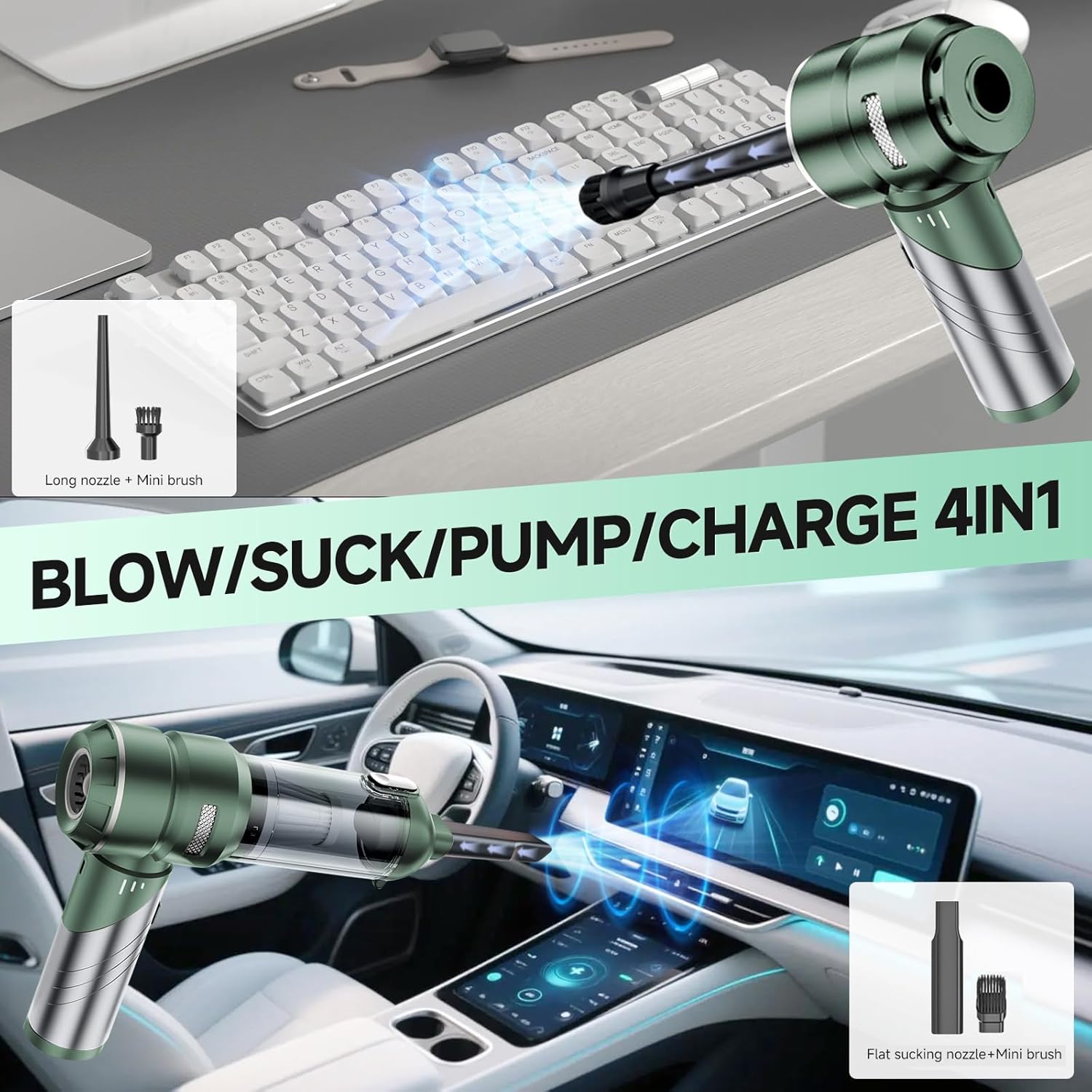 Car Vacuum Portable Cordless 21000PA High Power Mini Vacuum Cleaner 4-in-1 Compressed Air Duster & Air Blower & Pump Hand Held Vacuum with Brushless Motor for Car (Grass Green)