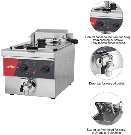 CROSSON 6L Electric Countertop Deep Fryer Extra Large with Drain,Timer,Basket and Lid for Restaurant Use 120V,1800W Commercial Deep Fryers