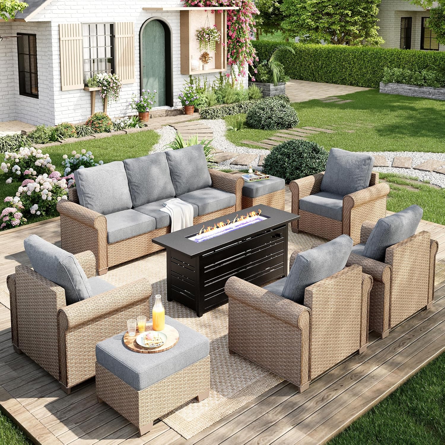 Patio Furniture Set 8 pcs, Wicker Outdoor Patio Furniture, 3-Seat Sofa, 4 Single Chairs, 2 Ottomans and 56