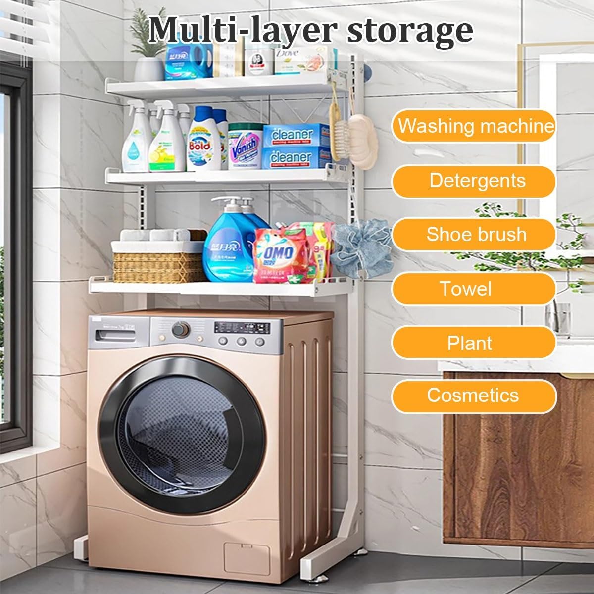 Over Washer And Dryer Storage Shelf, Dryer Stand Height Adjustable Portable Stacking Kit For Washing Machine Tumble Dryer, Carbon Steel Material, For Bathrooms Laundry Rooms Balconies(Gray,161cm/63.3i