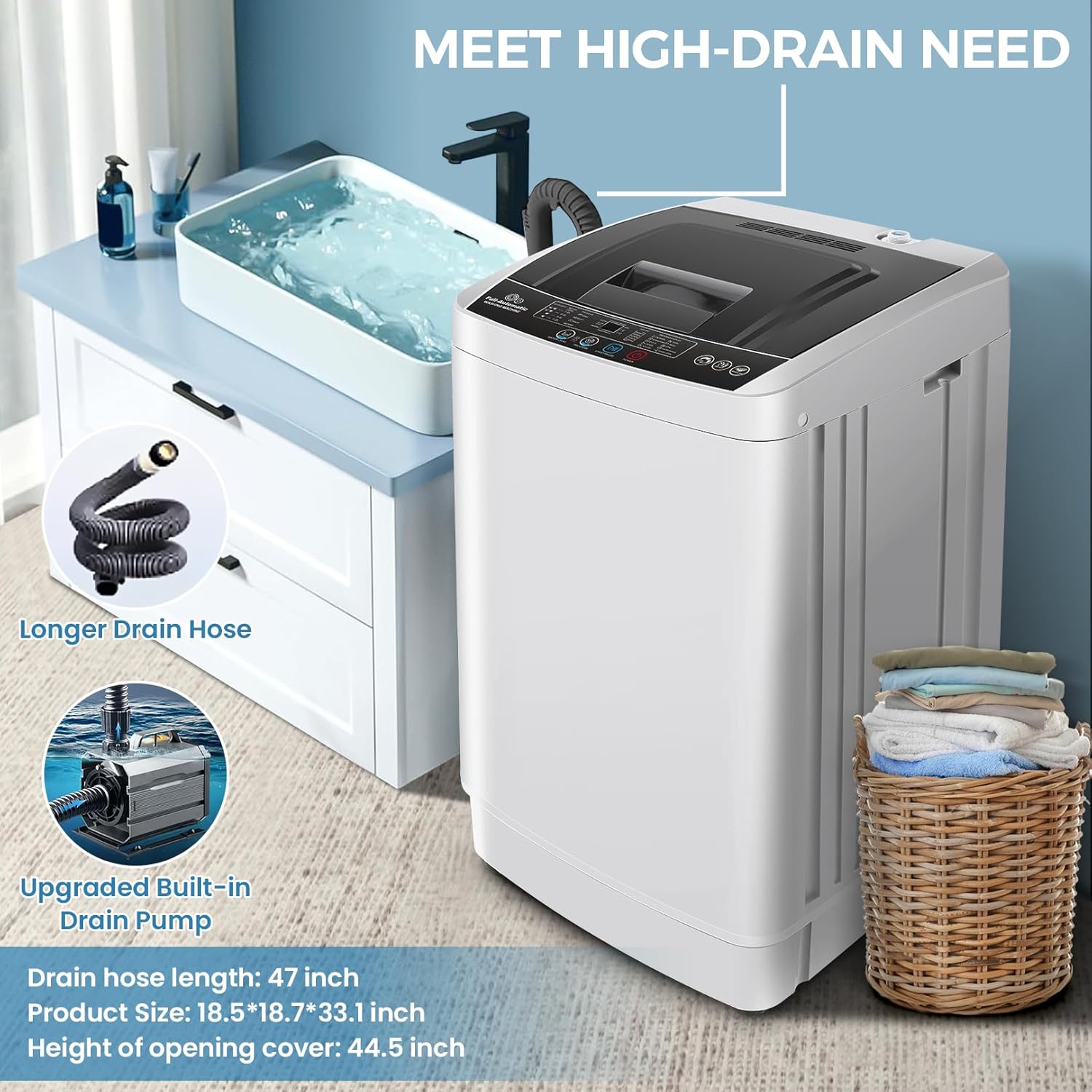Nictemaw Portable Washing Machine 17.8Lbs Portable Washer with 10 Programs 8 Water Levels, 2.4 Cu.ft Compact Washer Machine with Drain Pump, Compact Laundry Machine for Apartment, Home, Dorms, Rv