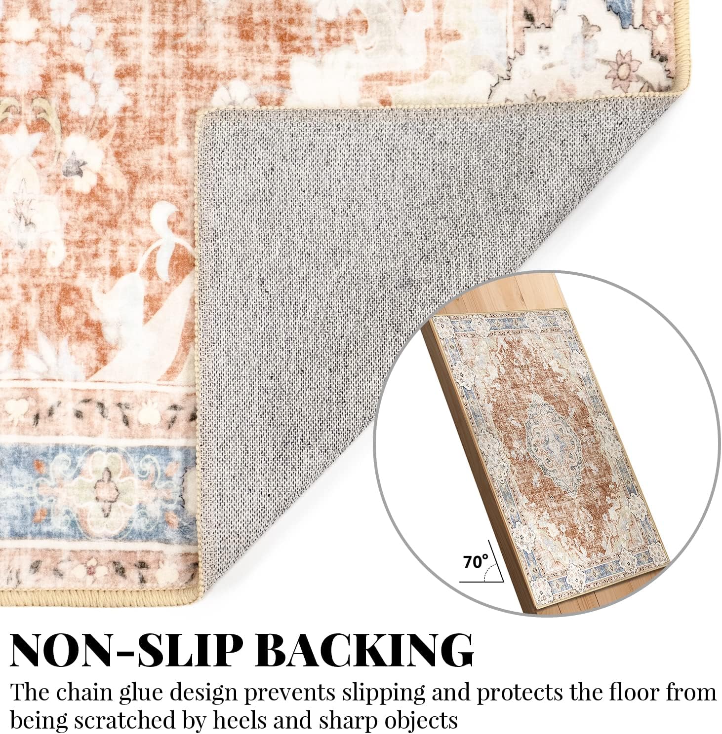 MUJOO Boho Rug 3'x5' Machine Washable Area Rugs Small Non Slip for Entryway Bedroom Bedside Kitchen Hallway Living Room Laundry Indoor Mat Soft Low-Pile Floral Orange Navy Blue