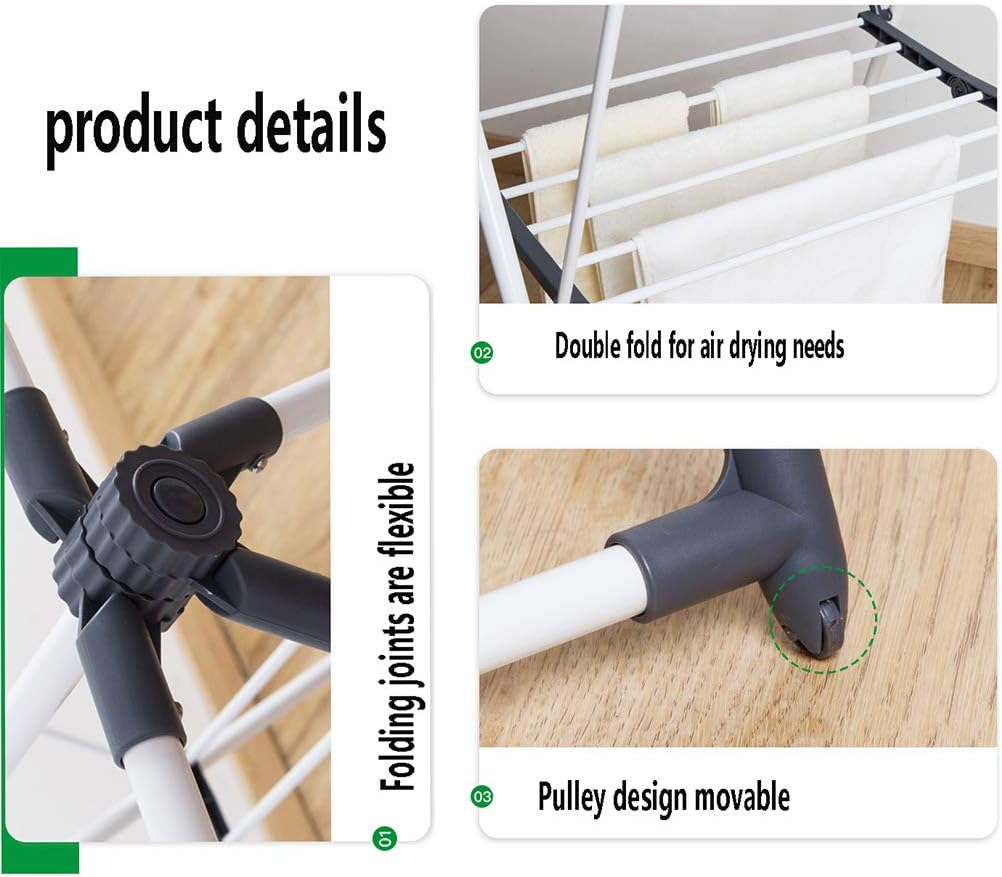 Laundry Rack, Folding Clothes Airer, with Wheels Balcony Expandable Adjustable Wings Towel Rack Bold Thickening Stainless Steel Dryer