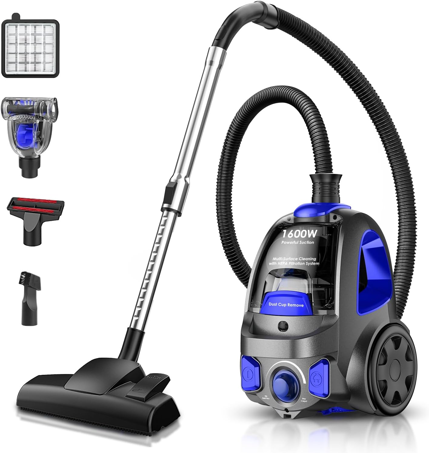 Canister Vacuum Cleaner, 40Kpa 1600W Cyclon Power Bagless Canister Vacuum Cleaners for Home, 3.7QT Large Dust Cup, Lightweight Vac for Hard Floors, Carpets, Pet Hair, Blue