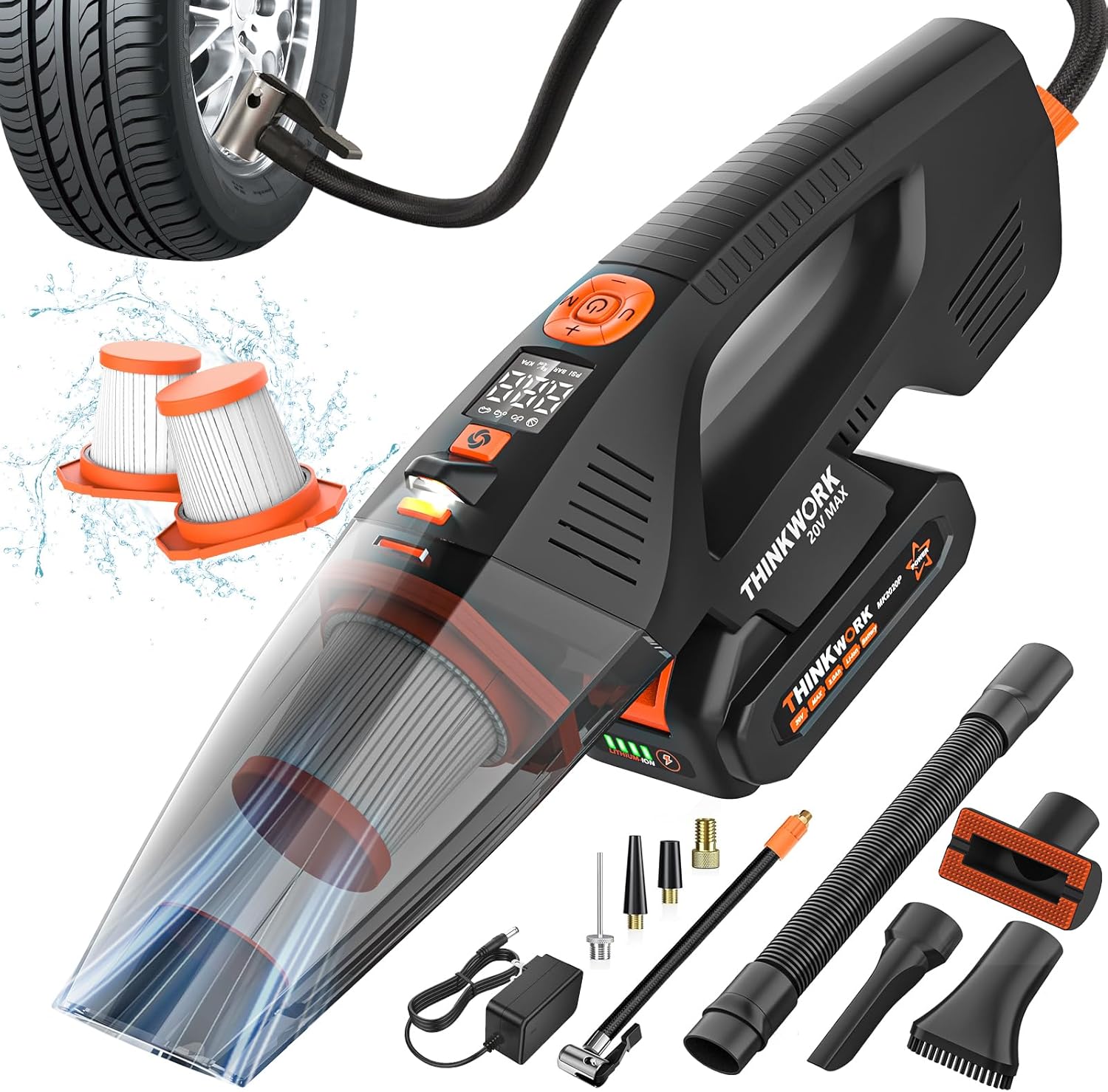 THINKWORK 20V Car Vacuum & Air Inflator, Dual Function High Power Handheld Cordless Vacuum with 18000pa Suction Power for Car Cleaning, Household Dust Removal, Inflation
