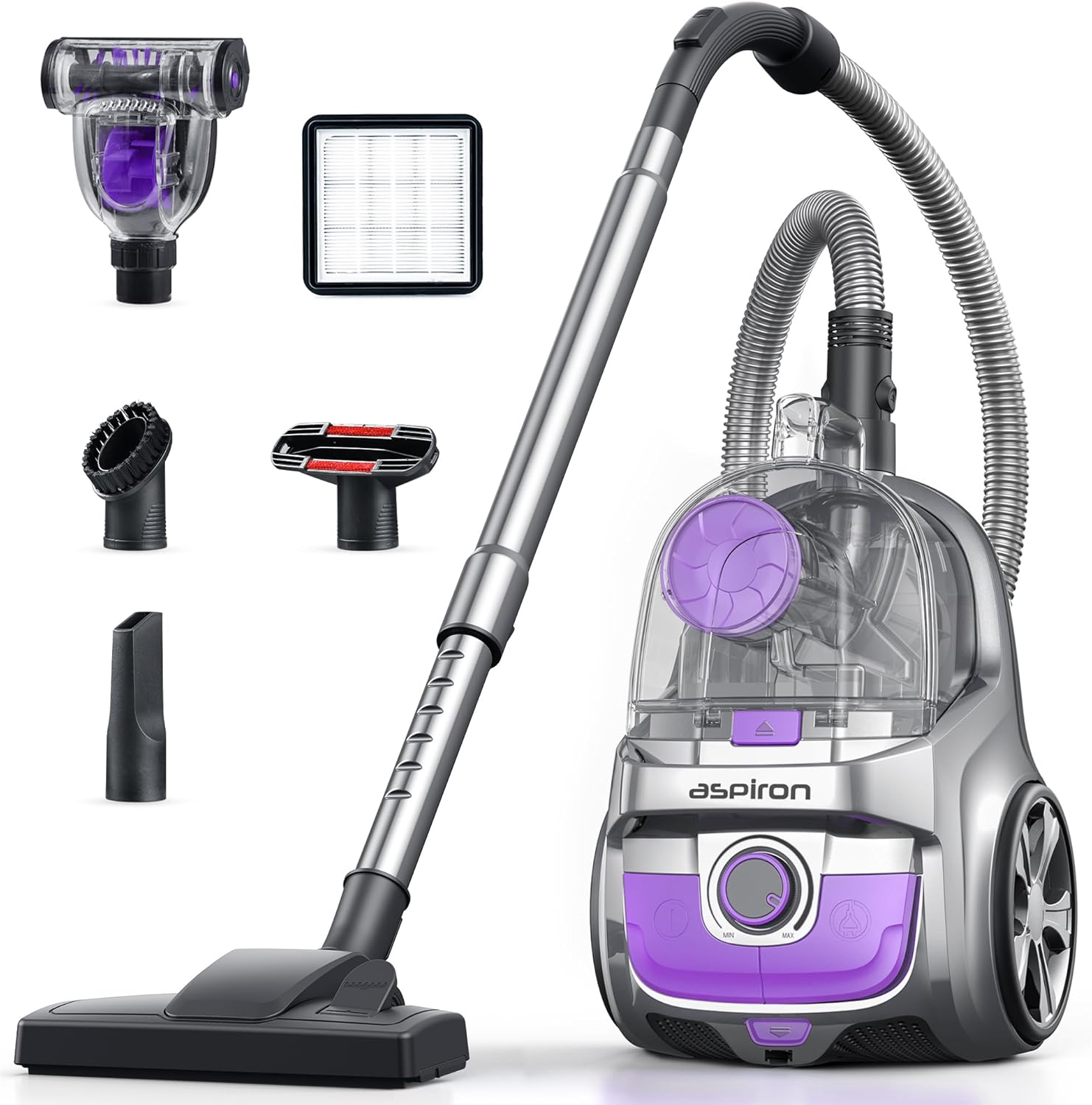 Aspiron Canister Vacuum Cleaner, 30Kpa Bagless Vacuum Cleaners, 3.7QT Large Dust Cup, Double HEPA Filter, Retractable Cord, 1600W Lightweight Vacuum Cleaner with 5 Tools for Hard Floors, Violet
