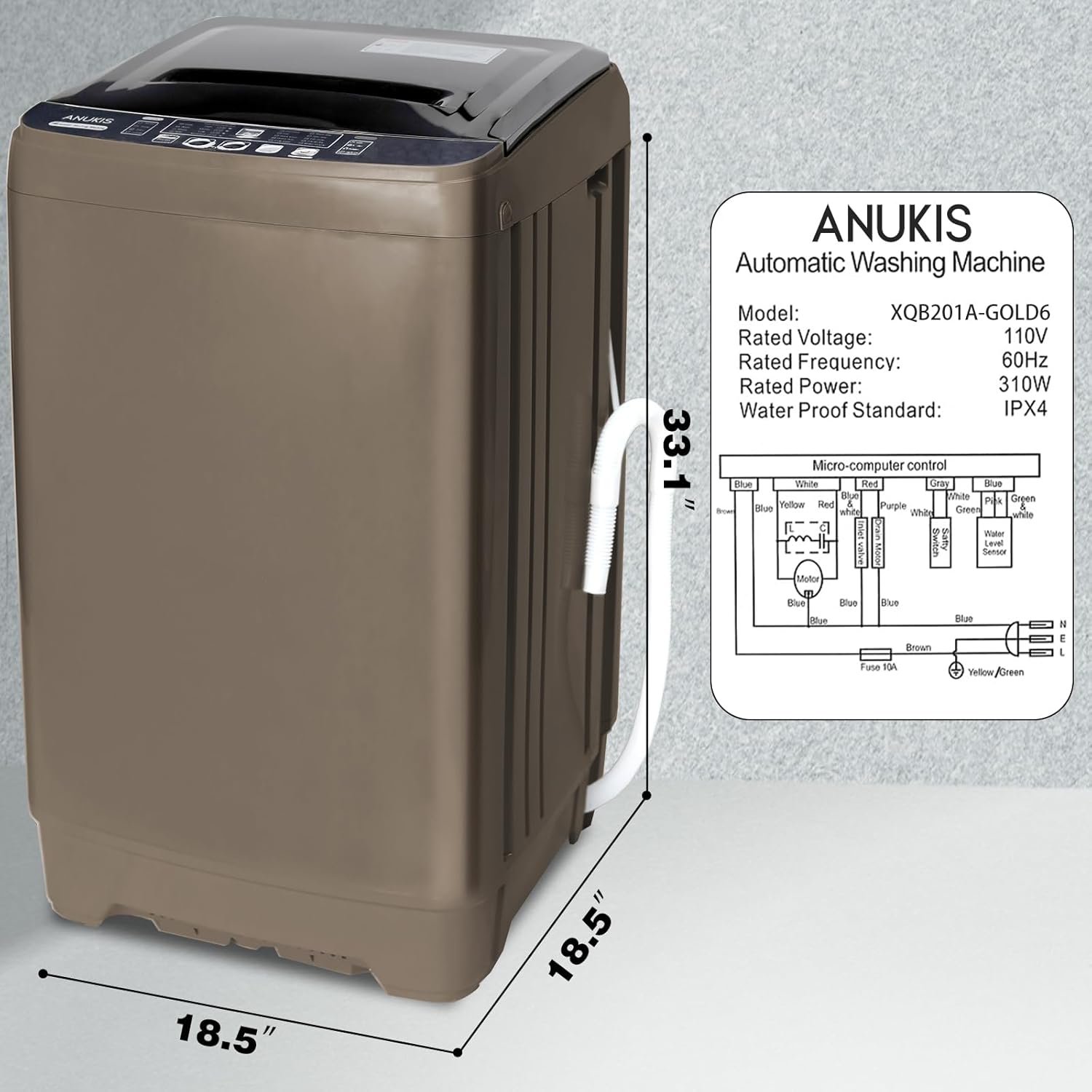 Anukis Fully Automatic Washing Machine, 13 lbs Capacity Compact Laundry Washer with Drain Pump 10 Wash Program & 8 Water Levels for Apartment, Dorm, RV, Gold