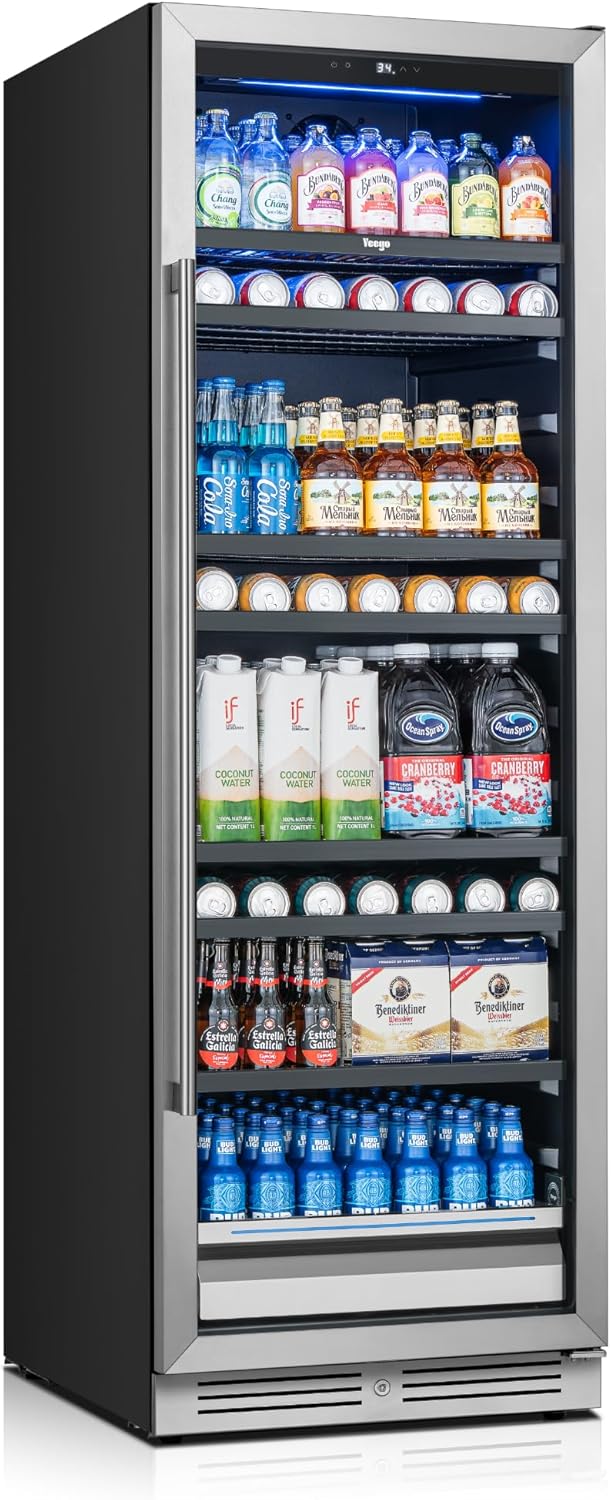 Yeego Beverage Refrigerator & Drink Fridge - 24 inch 378 Cans Beer Cooler with Glass Door, 34-54℉ Built-in or Freestanding Refrigerator with Door Lock, For Drink Soda Wine and Kitchen, Bar or Office