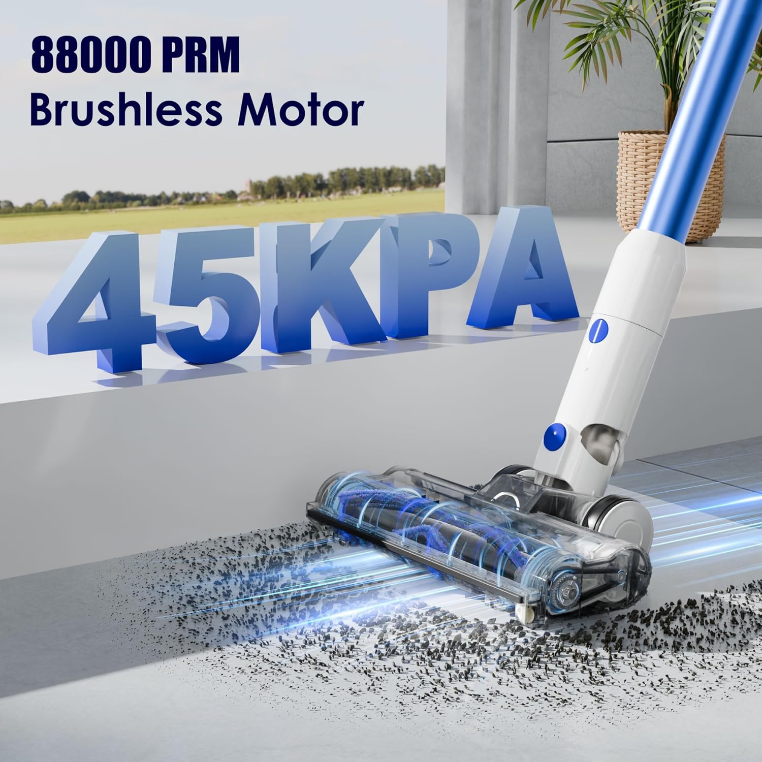 Cordless Vacuum Cleaner with Self-Standing, 45KPA Stick Vacuum, 88,000RPM Brushless Motor & LED Display, Anti-Tangle, Lightweight Vacuum Cleaners for Home, Pet Hair, Hardwood Floors, Azure