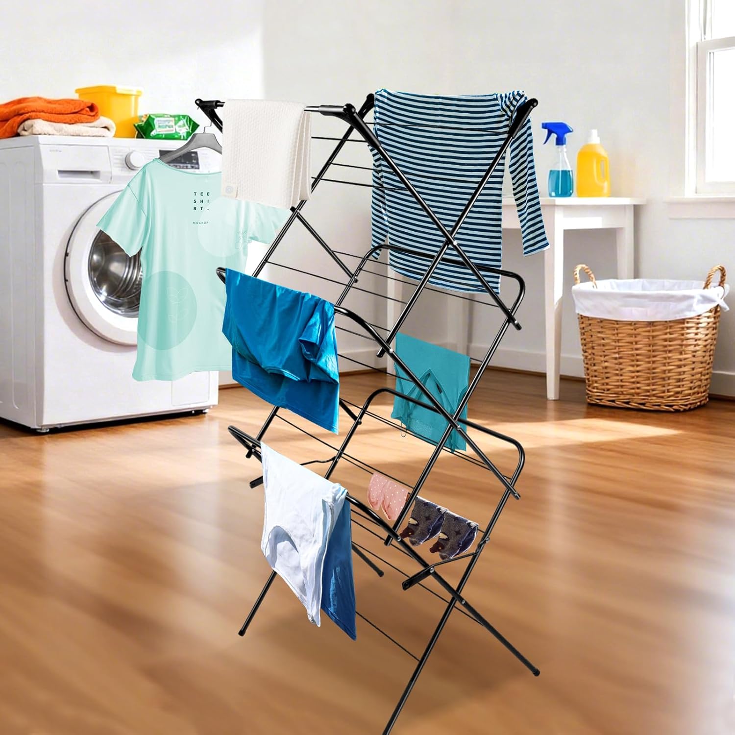 Foldable Clothes Drying Rack | Portable Collapsible Laundry Drying Rack | Use for Indoor & Outdoor | Space Saving | Black 54