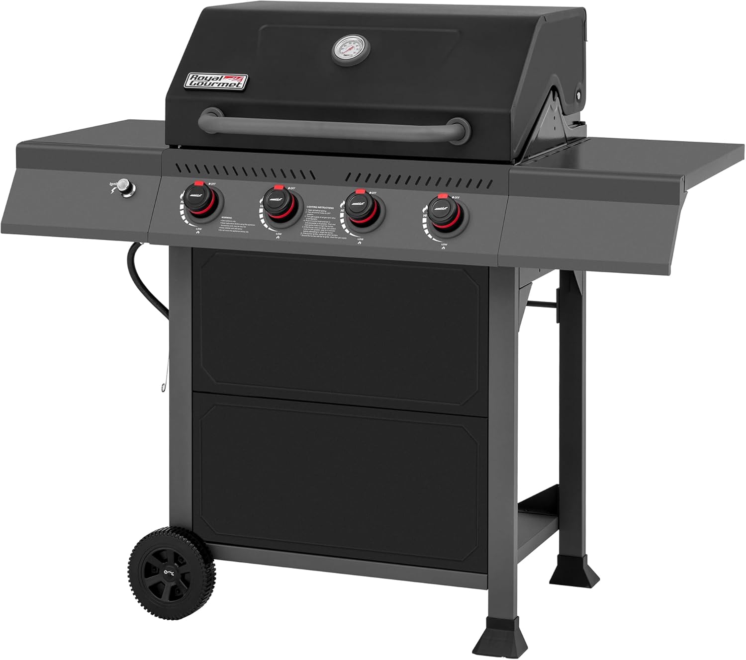 Royal Gourmet GA4401T 4 Burner Propane Gas Grill with Porcelain-enameled Cast Iron Grates, Cart Style Gas BBQ Grill with Warming Rack for Backyard Cooking, Black and Gray