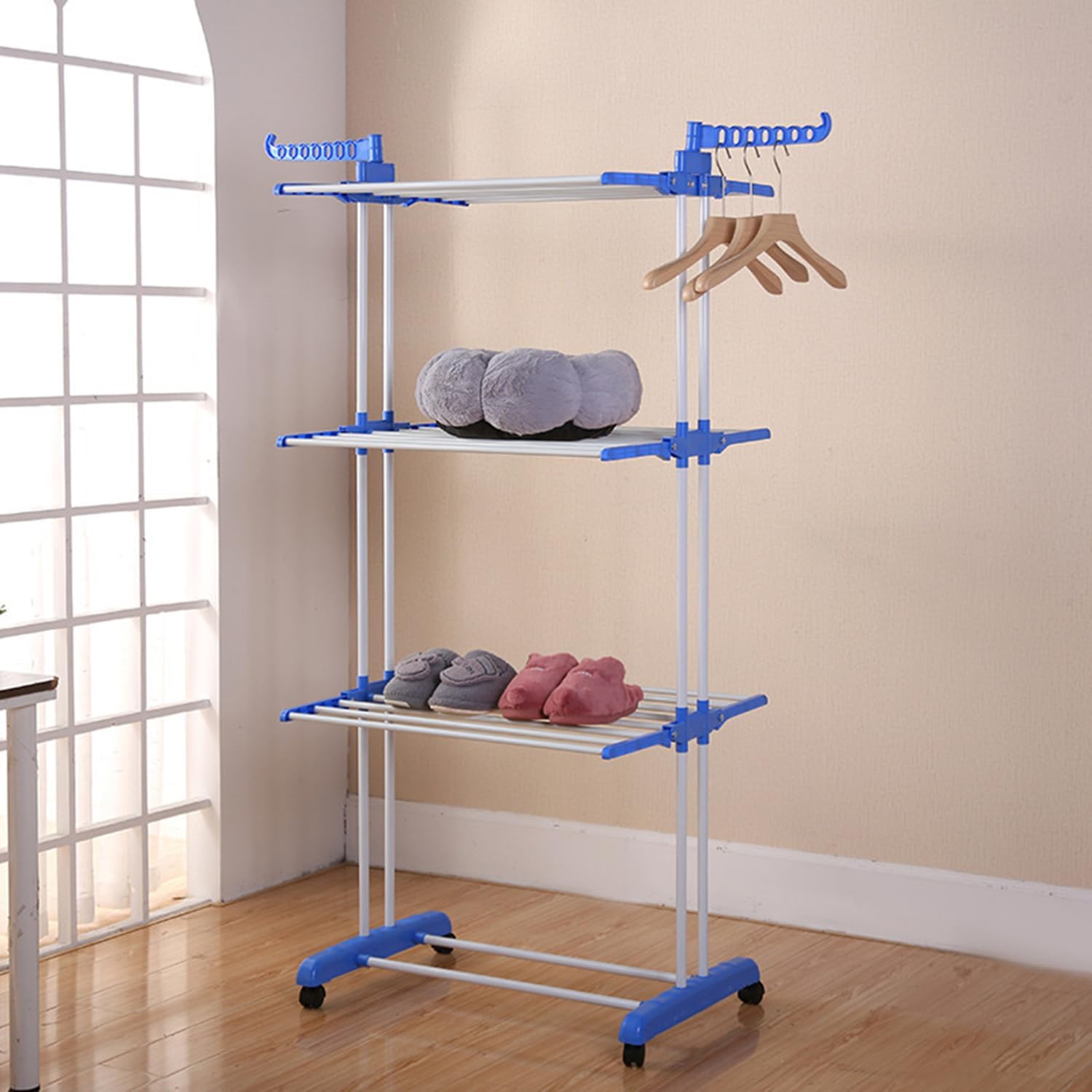Clothes Drying Rack,4-Tier Collapsible Laundry Rack,Stand Garment Drying Station with Wheels,Stainless Steel Laundry Garment Dryer Stand with Two Side Wings,Blue