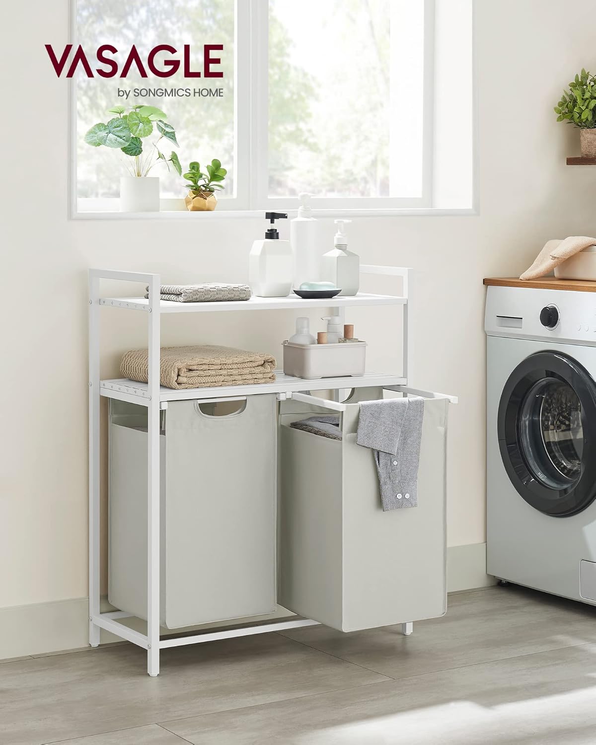 VASAGLE Laundry Hamper, Laundry Basket, Laundry Sorter with 2 Pull-Out and Removable Bags, 2 Shelves, 12.1 Gal (46L) Capacity per Bag, for Laundry Room, White UBLH211W01