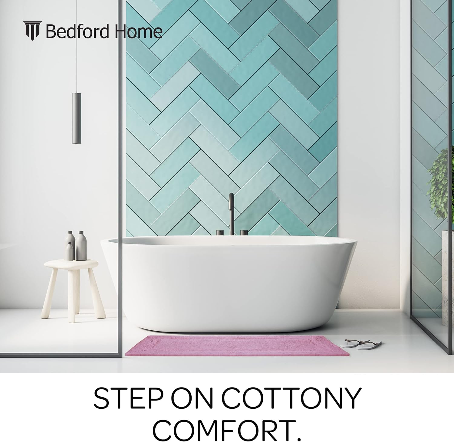 Bedford Home Reversible Long Bath Mat - 60x24-Inch Plush Cotton Bathroom Runner - Machine Washable Bath Mats for Bathroom, Kitchen, or Laundry Room (Pink)