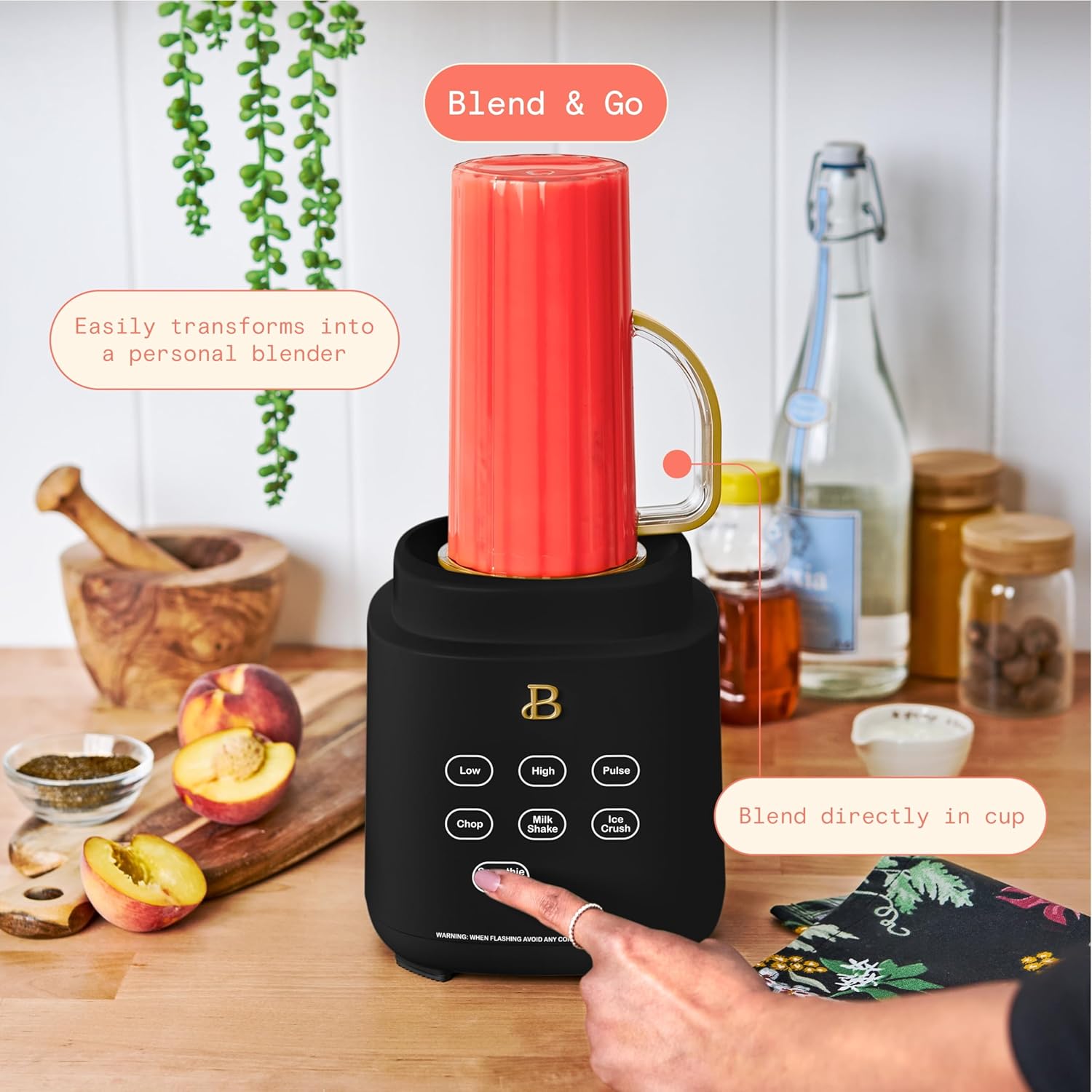 Beautiful PowerExact Blender System with 700W Motor, 50oz Tritan Jar, 20oz Single-Serve Cup, No Drippy Sippy Lid, 3 Speeds & 4 Pre-sets by Drew Barrymore (Black Sesame)