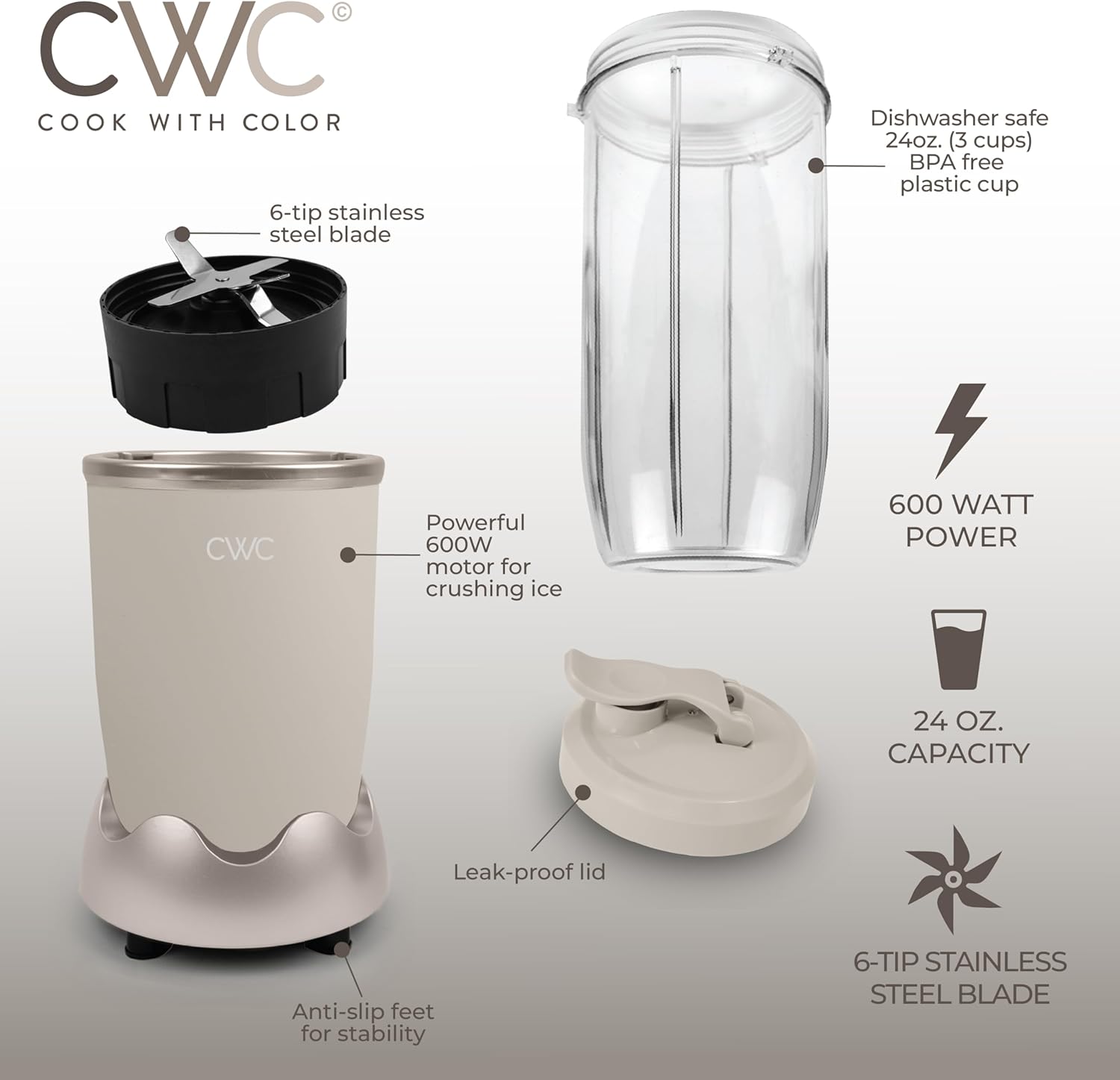 COOK WITH COLOR Personal Power Blender 600W, 24oz Capacity, BPA-Free Jar, Ice-Crushing Blades, Ideal for Smoothies & More, Anti-Slip Feet, Easy to Clean, Greige