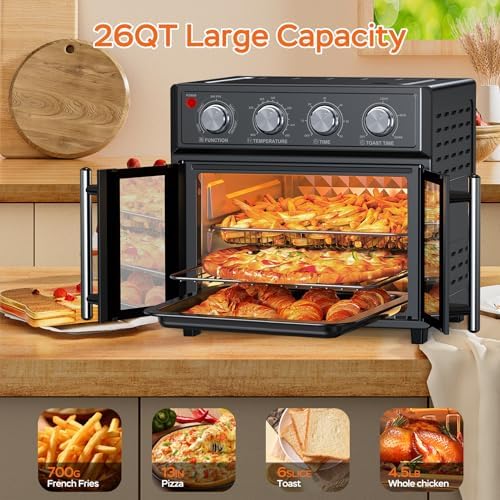 PlumChef 29.5QT Large capacity French Double-Door Air Fryer Convection Toaster Oven,1700W, 7 Preset Menus, 7-in-1 Multi-Function for Bake, Roast, Grill, Toast, Dehydrate& Defrost,Stainless Steel,Black
