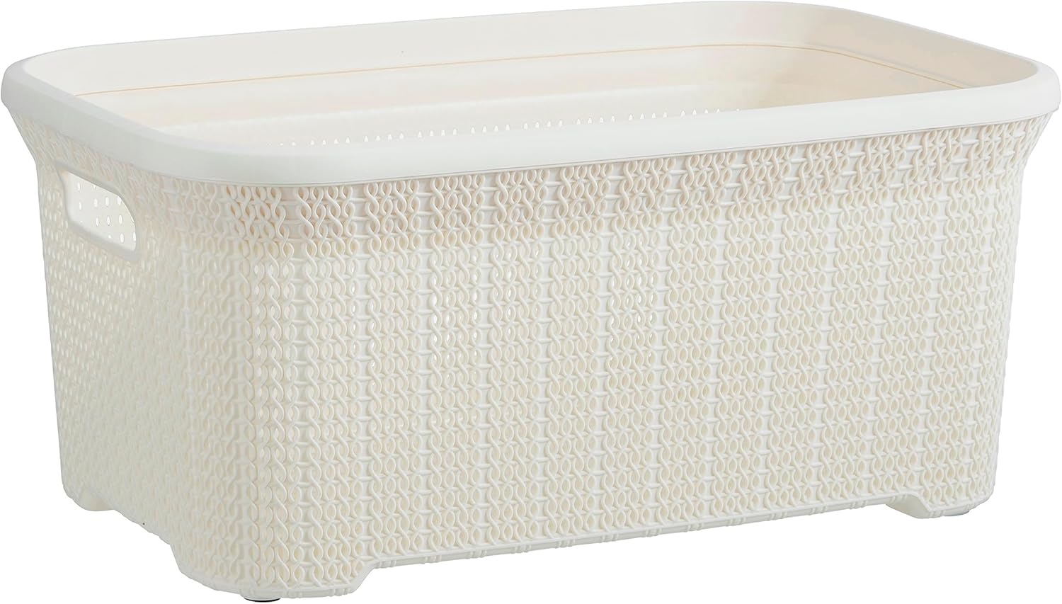 Designed Laundry Basket Plastic Small Storage Hamper Basket, Cream Cloths Basket Organizer with Cut-out Handles. Space Saving for Laundry Room Bedroom Bathroom, Knit Design 40 Liter.