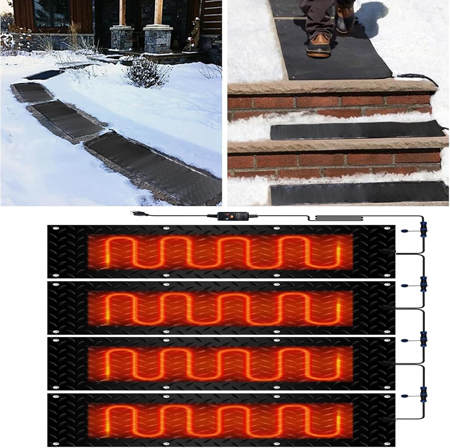 Snow Melting Walkway Mat, 1/2/3/4/5 pcs Anti-Slip Rubber Heated Stair Mat, for Winter Outdoor Stairs, Steps, Doorways, Walkways, Driveway(4 Pcs,30x120cm/12x48in)