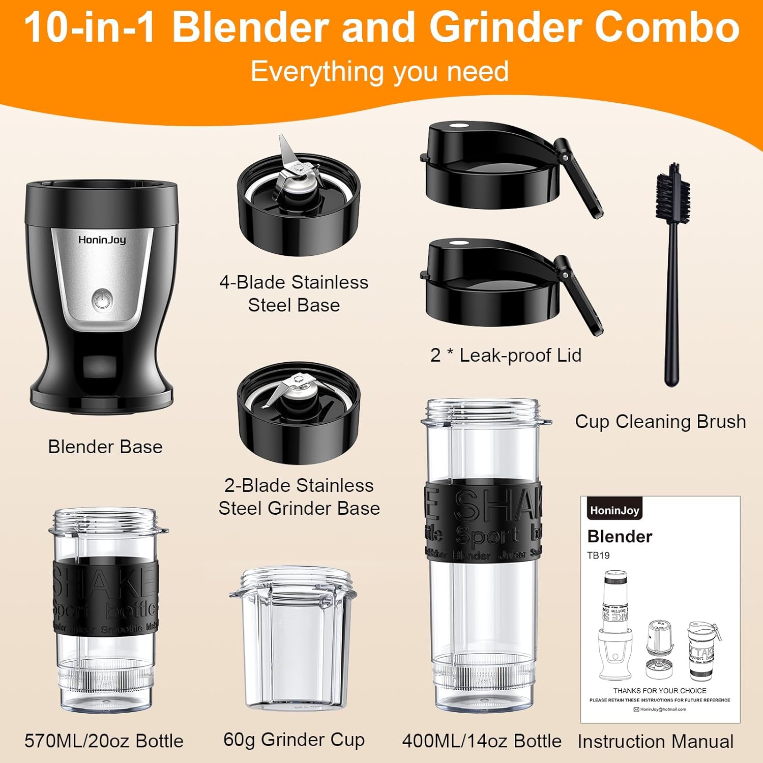 10 In 1 Personal Blender And Grinder Combofor Kitchen, Smoothie Juicer Machines Vegetable And Fruit, For Shakes And Smoothies, Smoothies Maker With 2 Portable Cup, Black