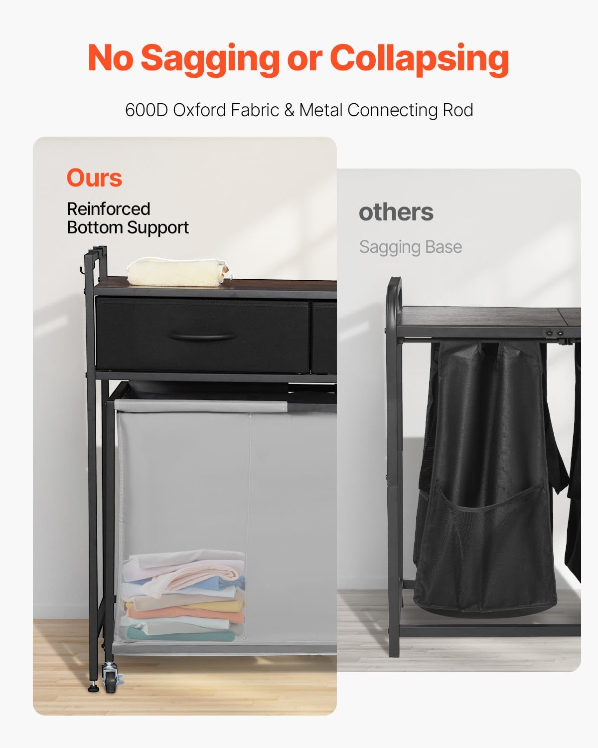 VEVOR 3 Section Laundry Sorter, Rolling Laundry Hamper with 2 Drawers, Hooks & Wheels, Rolling Basket Organizer Storage with Pull-Out Rolling Bags and Wooden Tabletop for Dirty Clothes, Bathroom