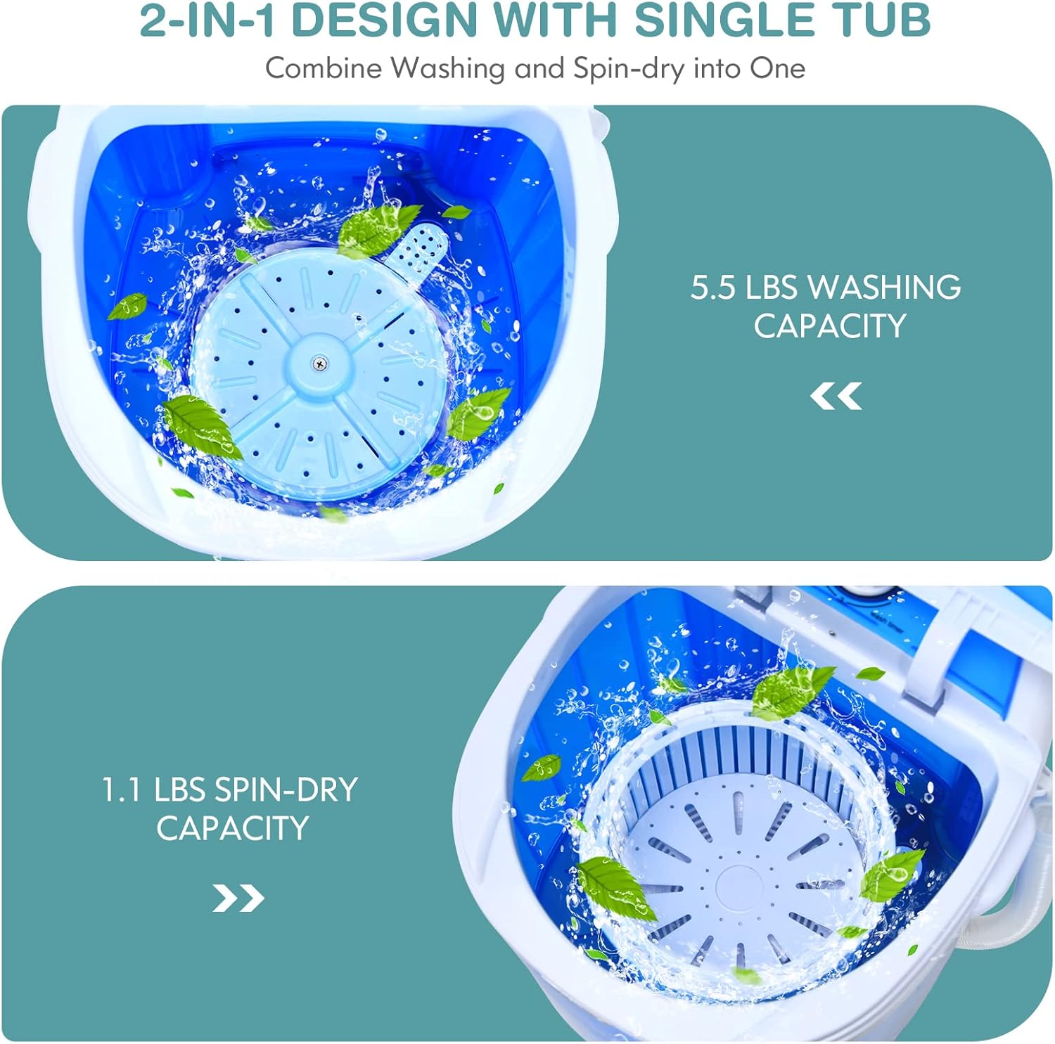 COSTWAY Mini Portable Washing Machine, 5.5 lbs Washing Capacity, Compact Laundry Washer with Durable Design, Single Tub, Rotary Controller, Small Washer Machine for Home Apartment Dorms and RV, Blue