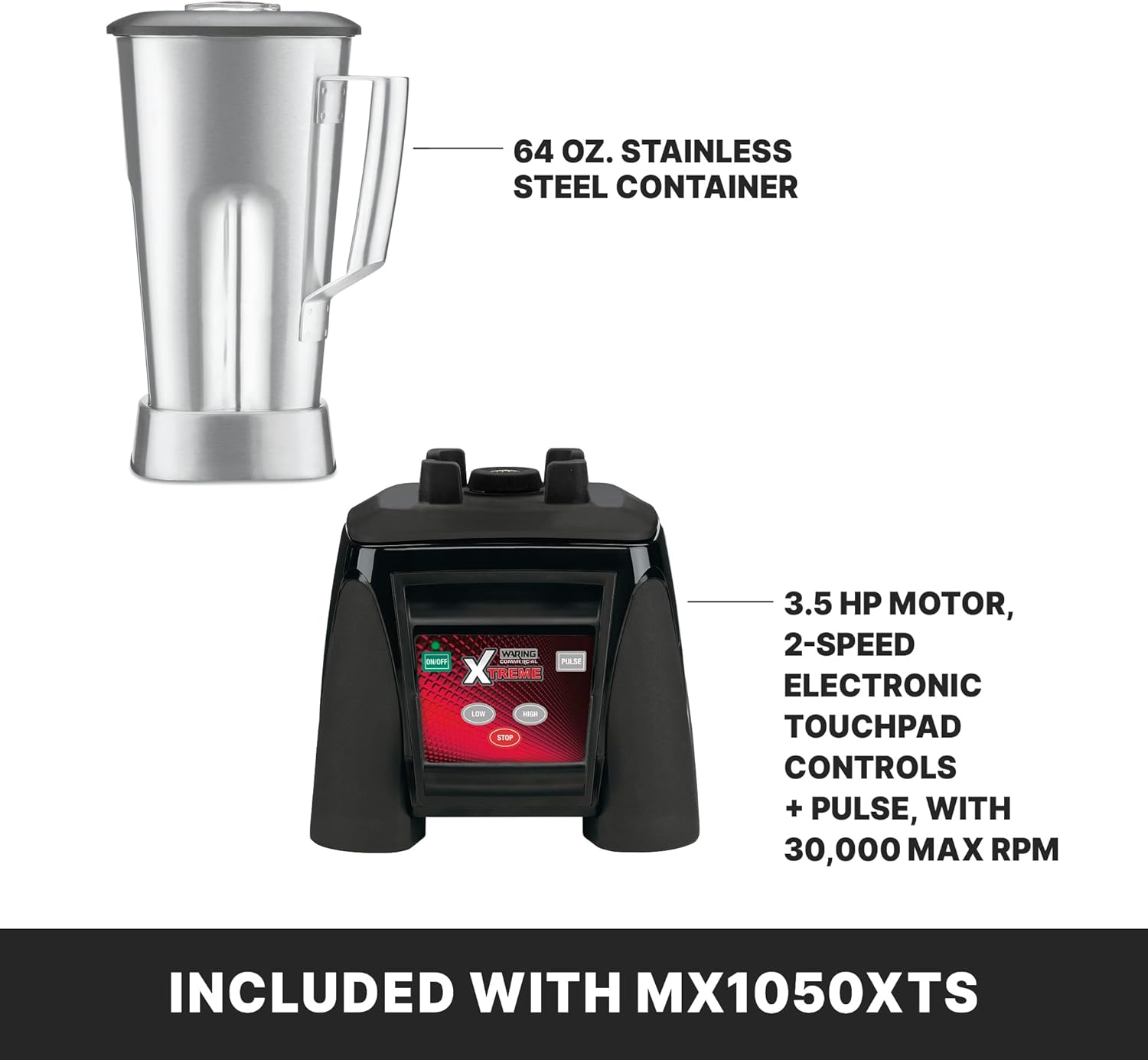 Waring Commercial MX1050XTS 3.5 HP Blender with Electronic Keypad Controls, Pulse Feature and a 64 oz. Stainless Steel Container, 120V, 5-15 Phase Plug