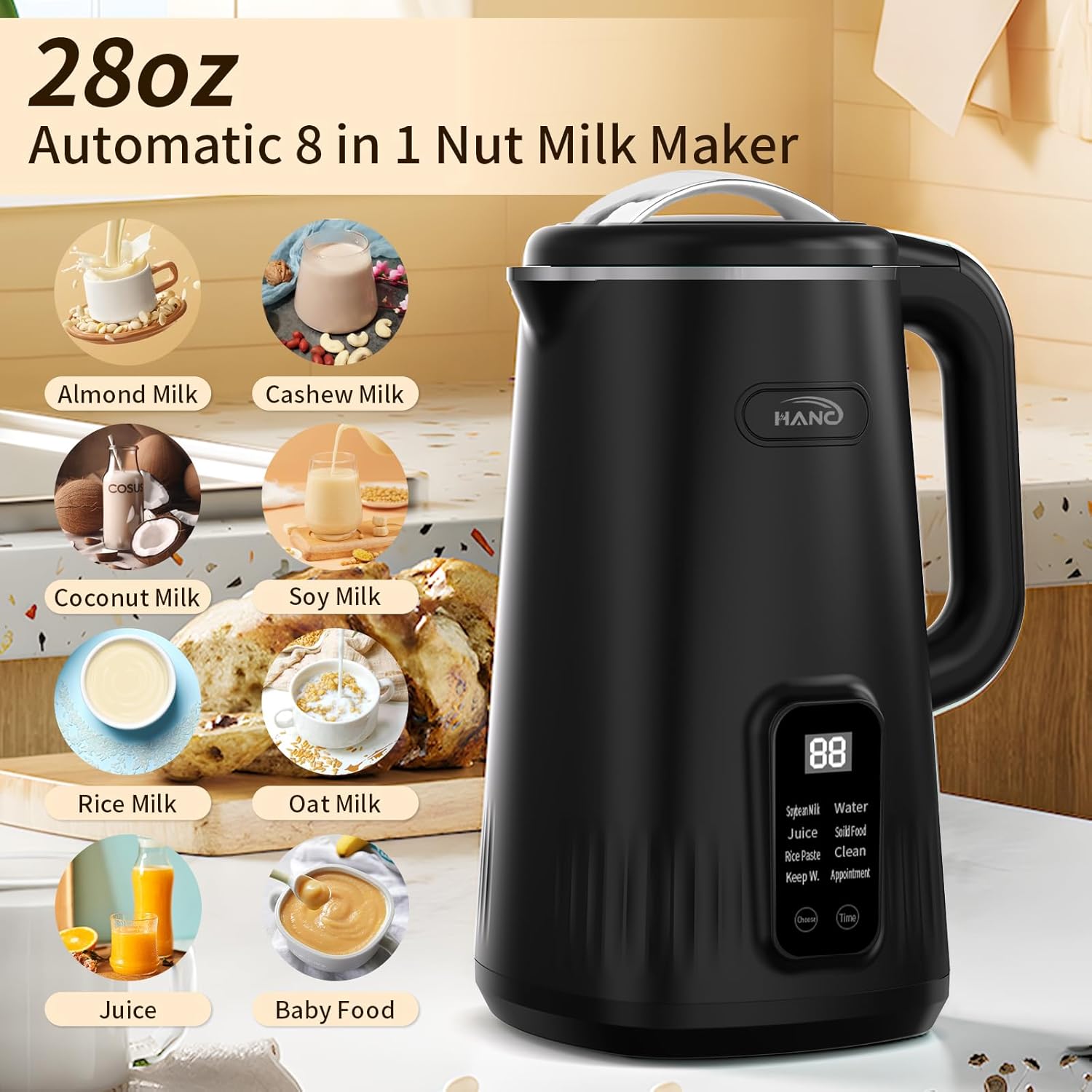 Nut Milk Maker Machine, 28oz 8-in-1 Automatic Silent Soy Milk Maker for Homemade Almond, Oat, Coconut & Plant-Based Drinks with Delay Start/Keep Warm/Self-Cleaning/Boil Water (Black)