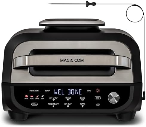 MAGiC COM Indoor Grill Air Fryer Combo, 7-in-1 Electric Grill with Steak, Roast, Air Crisp, Bake, Dehydrate, Pizza and Reheat. Smart Thermometer, Non-Stick, Dishwasher Safe/Black