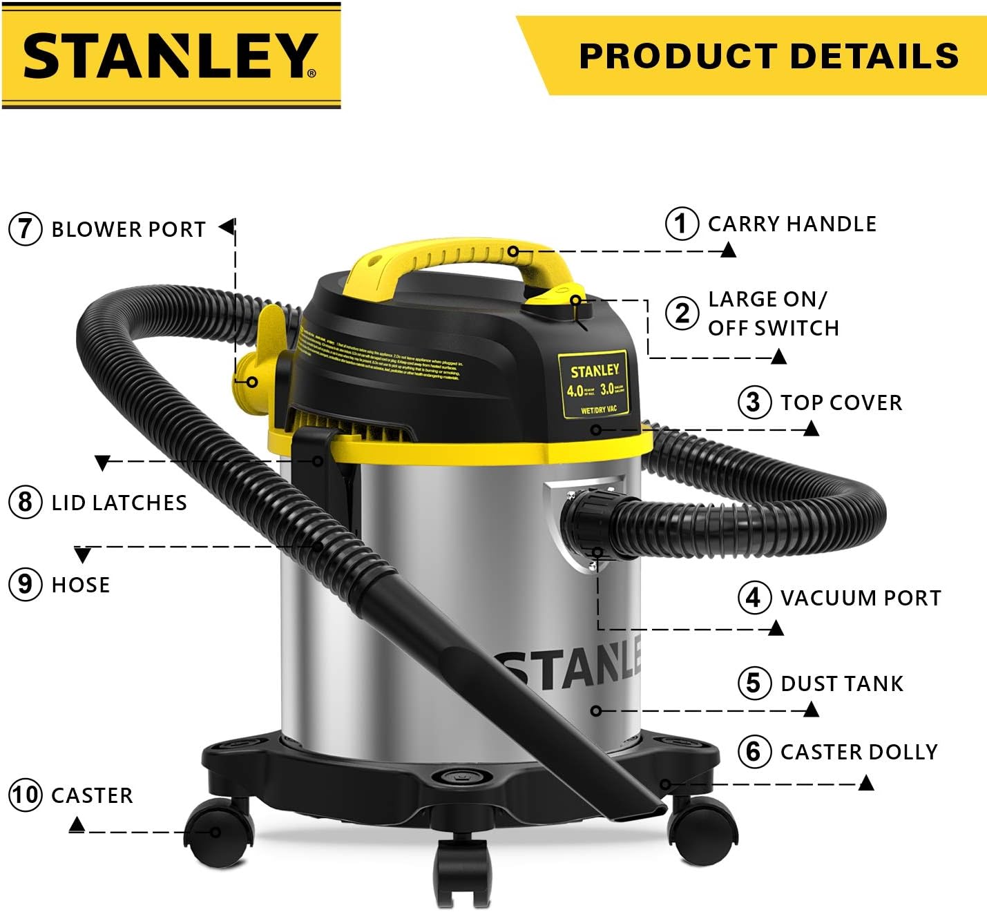 STANLEY 3 Gallon Wet Dry Vacuum, Powerful 4 Peak HP Motor, Portable Stainless Steel 3 in 1 Multifunctional Shop Vacuum with Blower, Model: SL18136